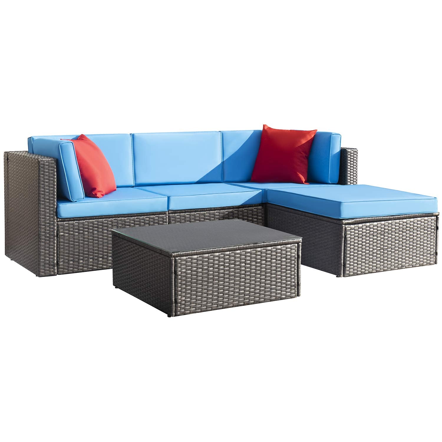 Devoko Outdoor Patio Furniture 3-Piece Rattan Waterproof Outdoor Sectional Sofa All Weather L Shaped Patio Couch With Cushion Glass Table For Balcony Garden Beige