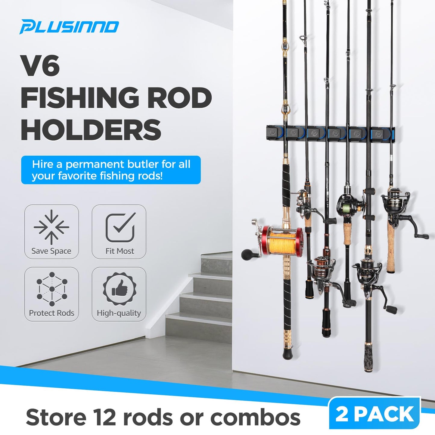 PLUSINNO Vertical Fishing Rod Holder, Wall Mounted Fishing Rod Rack, Fishing Pole Holder Holds Up to 9 Rods or Combos, Fishing Rod Holders for Garage, Fits Most Rods of Diameter 3-19mm