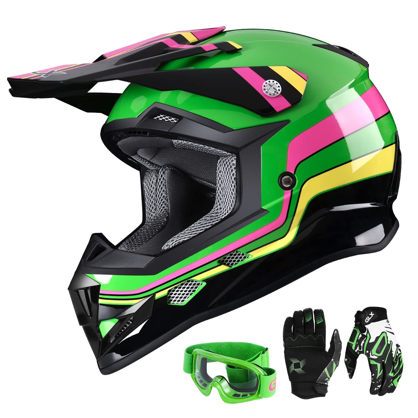 GLX GX623 Youth ATV/Dirt Bike Helmet Combo - Retro Green, Large - DOT