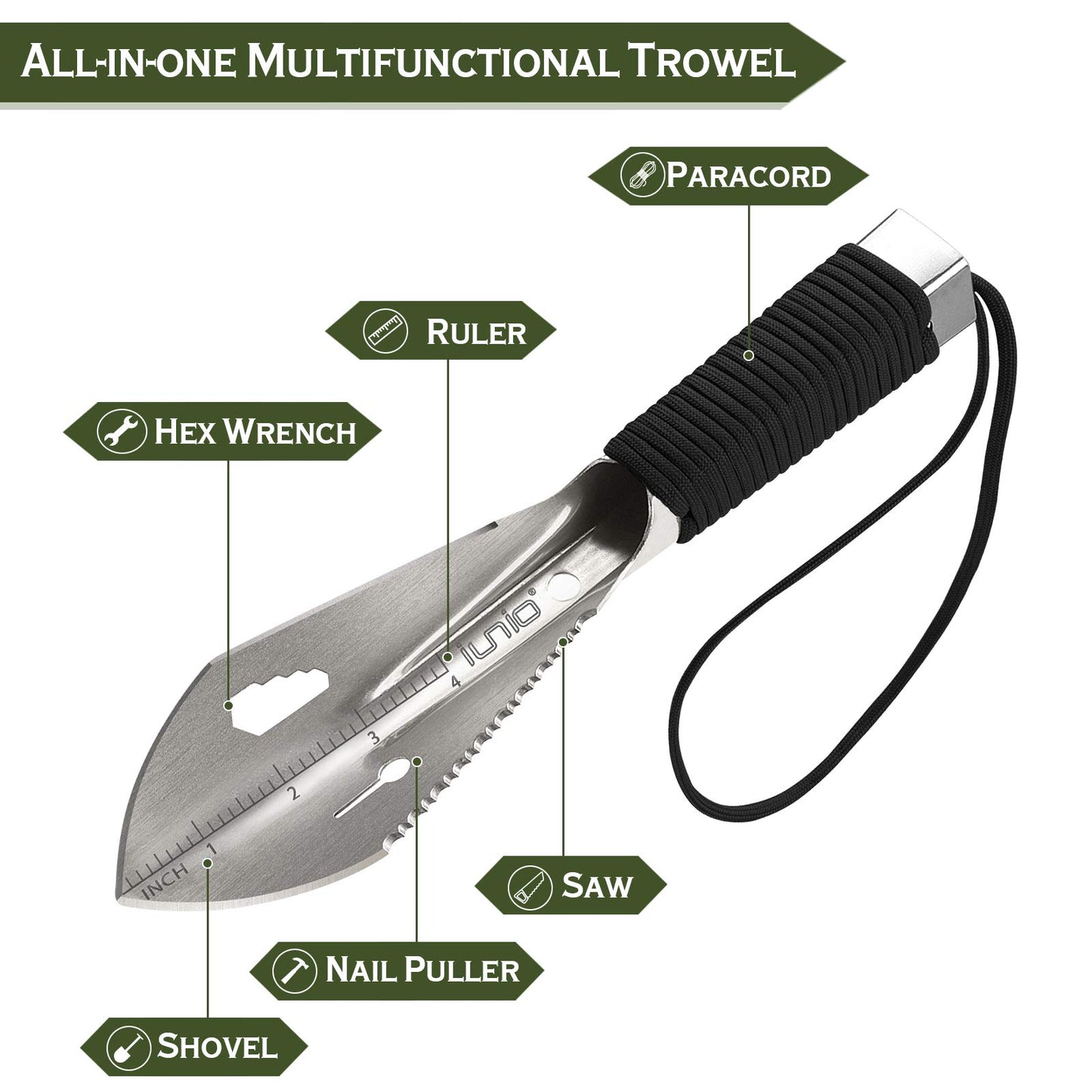 iunio Hiking Trowel, Camping, Backpacking, Portable Shovel, Multitool, Ultralight Camp Tool, with Carrying Pouch, for Gardening, Outdoor, Survival