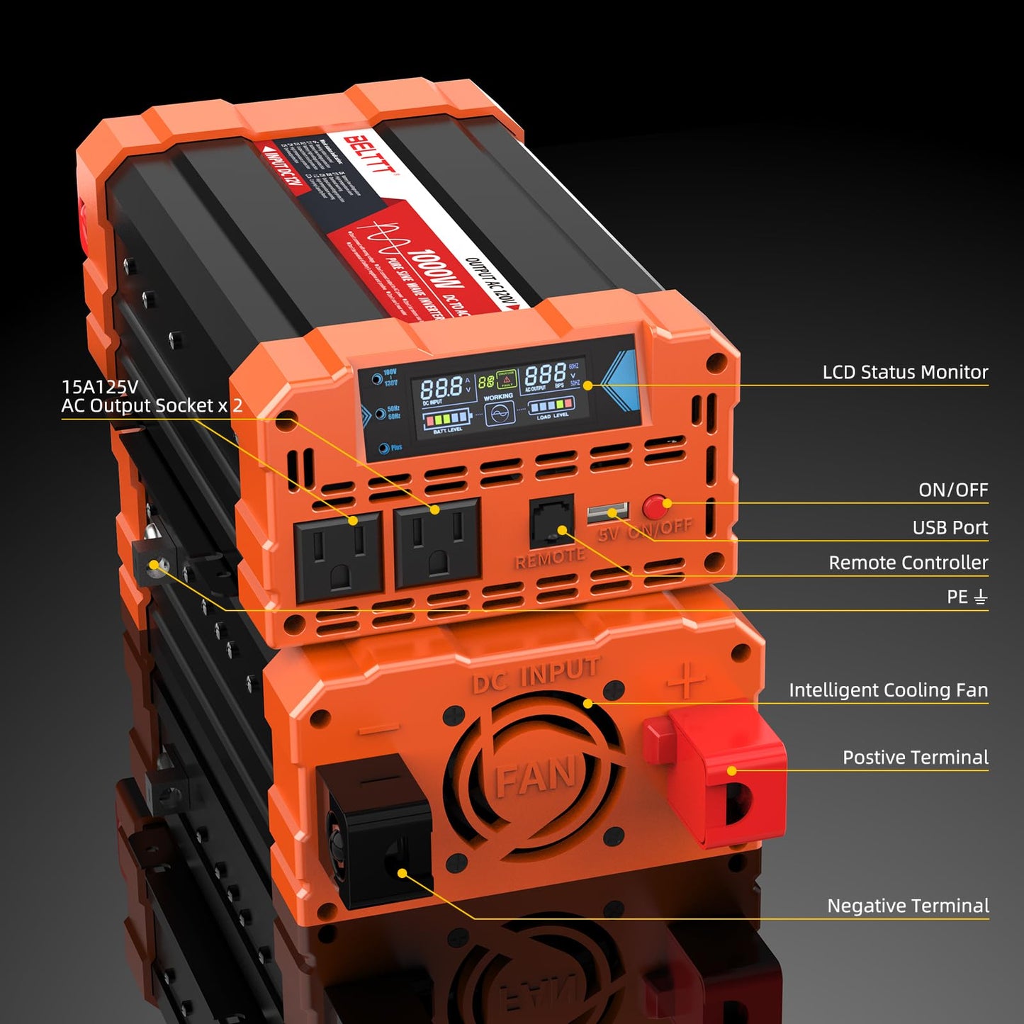 BELTTT 1000Watt Pure Sine Wave Inverter 12V DC to 120V AC for RV, Truck, Off-Grid Solar Car Power Inverter 12V to 110V Converter with Dual AC Socket and 5V 2.1A USB, Intelligent LCD, 2000W Peak