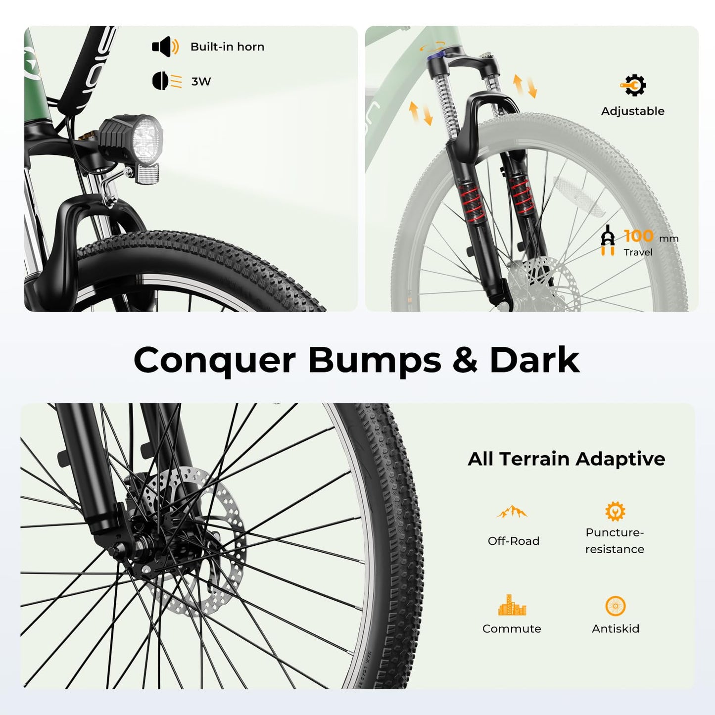 Jasion EB5 Electric Bike for Adults with Peak 500W Brushless Motor, 40Miles 20MPH Commuting Electric Mountain Bike with 360Wh Removable Battery, 7-Speed, 26" Tires and Front Fork Suspension