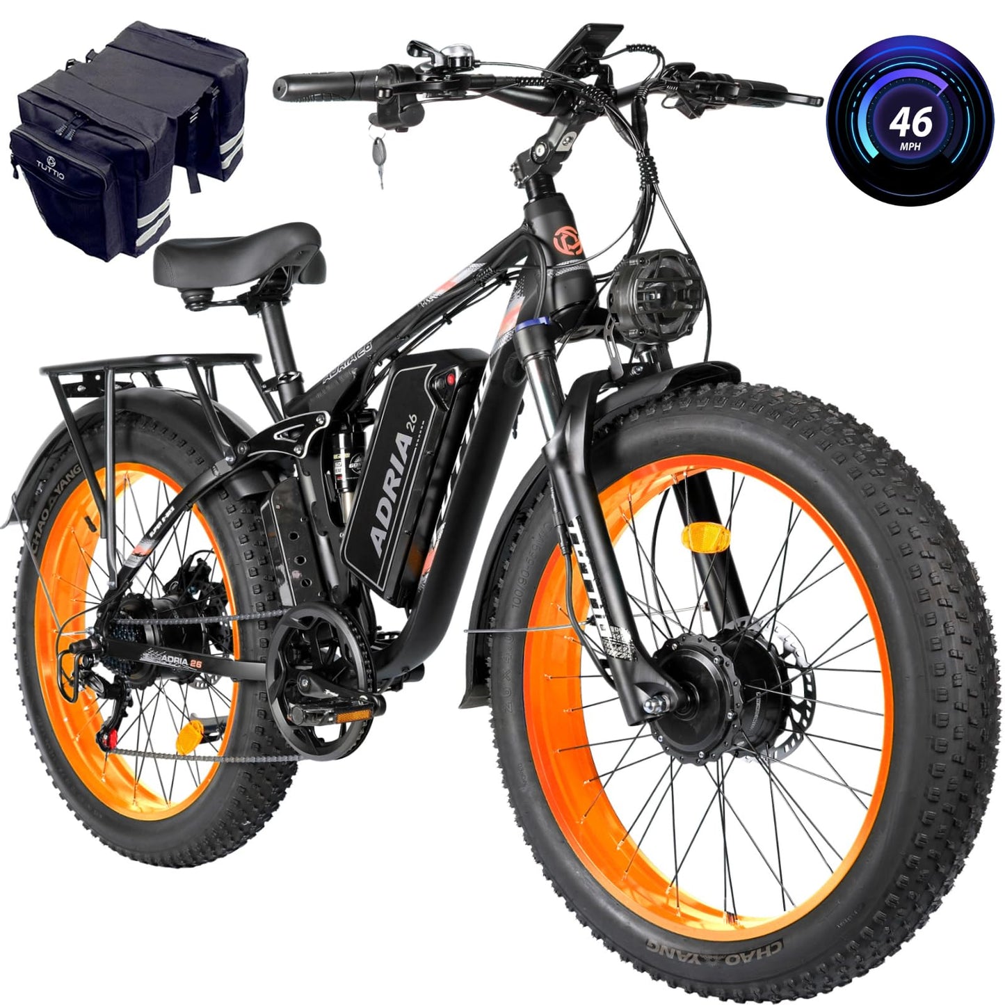 Peak 5000W-Electric-Bike for Adults-Men, Dual-Motor-Ebike 40-46MPH-Hunting-Ebike, 52V 30AH Long Range Dirtbike, 26" Fat-Tire-Electric-Bicycle, Full Suspension Mountain Bike for Off-Road Snow Sand
