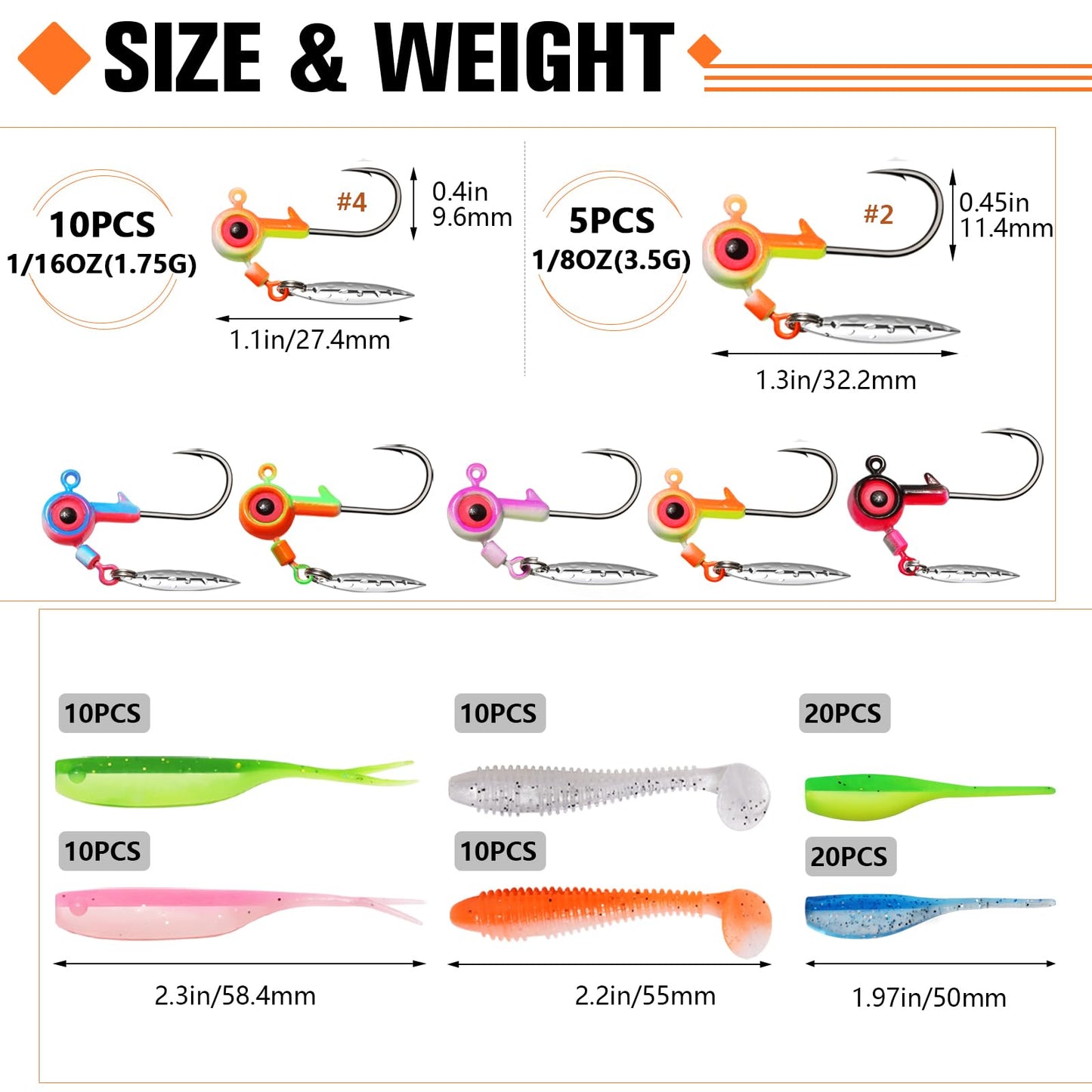 Dovesun Crappie Lures with Jig Heads Kit, Soft Plastic Grubs-Tube Baits 1/8oz 1/16oz 1/32oz Crappie Jigs Walleye Trout Bass Crappie Baits 95-120pcs