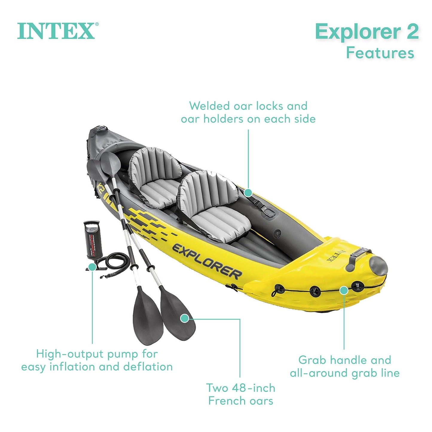 Intex 68307EP Explorer K2 Inflatable Kayak Set: Includes Deluxe 86in Aluminum Oars and High-Output Pump – SuperStrong PVC – Adjustable Seats with Backrest – 2-Person – 400lb Weight Capacity