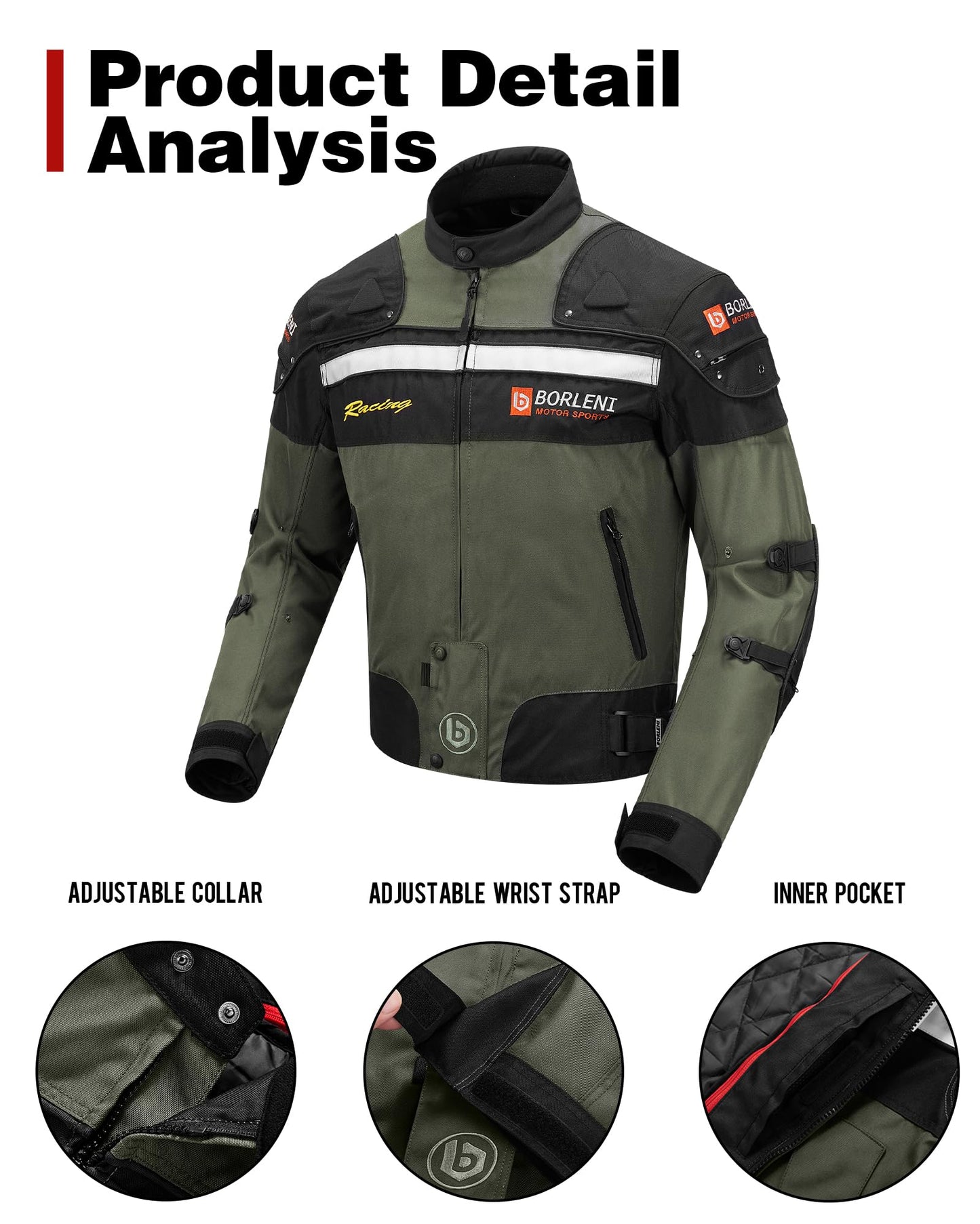 BORLENI Motorcycle Jacket Motorbike Riding Jacket Windproof Motorcycle Full Body Protective Gear Armor