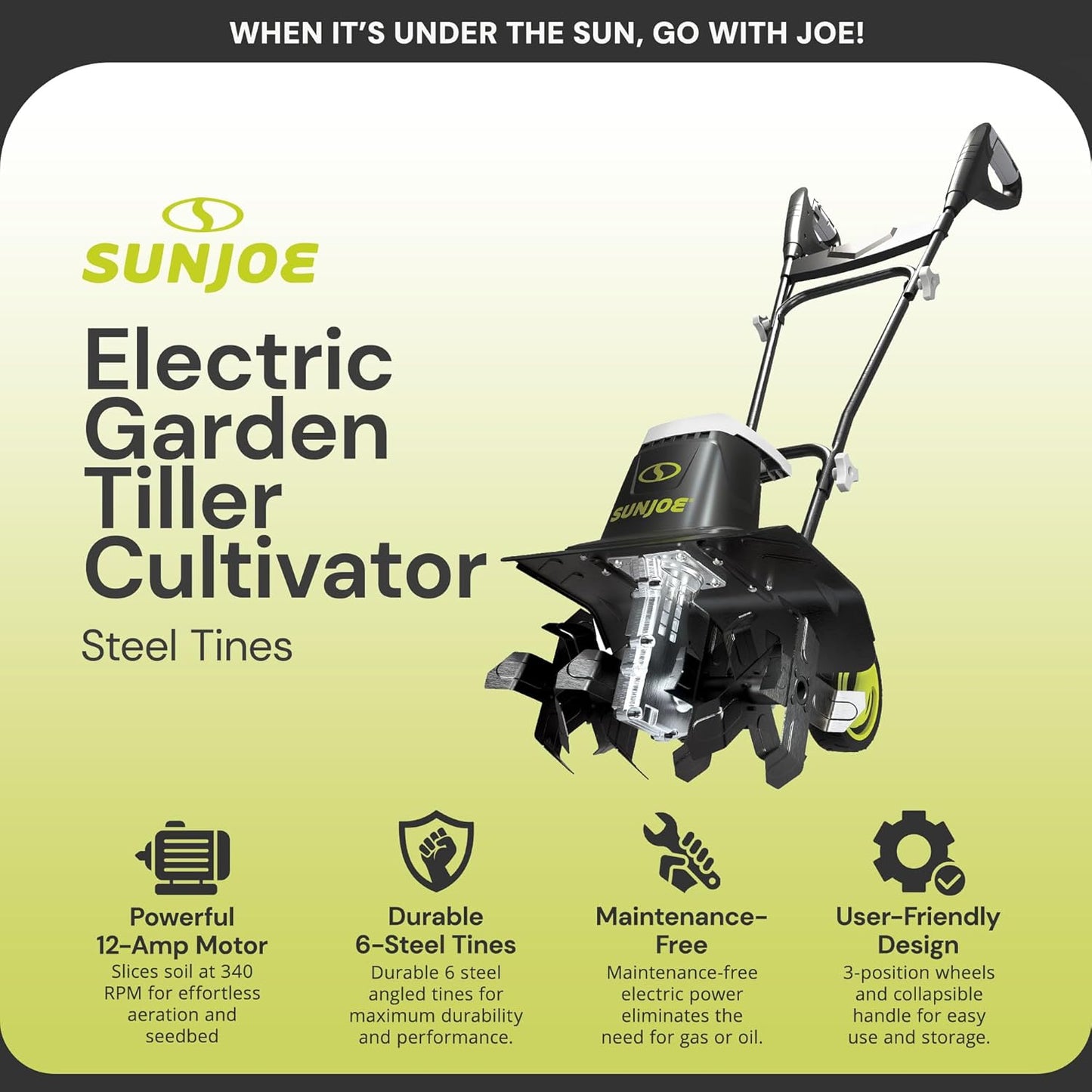 Sun Joe Electric Corded Garden Tiller & Cultivator, Steel Tines, 13.5 Amp, 16 Inch, Black - Heavy Duty Gardening Machine Equipment for Lawn, Yard, & Grass
