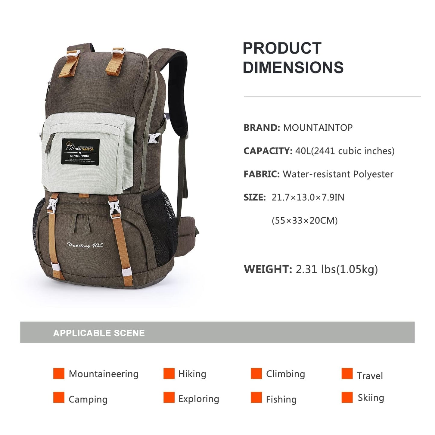 MOUNTAINTOP 40L Hiking Backpack Lightweight Travel Backpack for Men&Women Outdoor Camping Backpacking