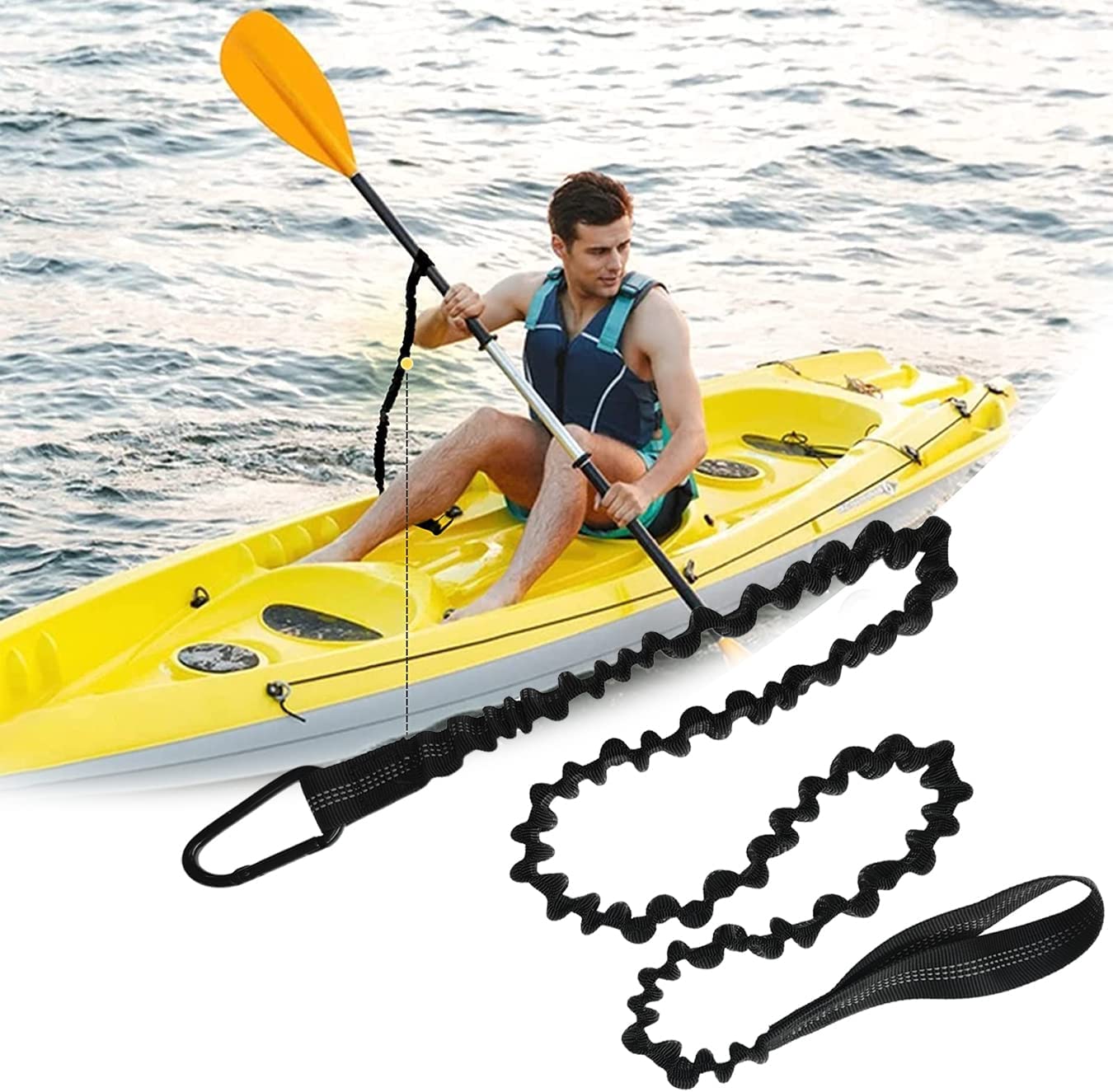 Paddle Leash Kayak Paddle Holder Tool Lanyard - 2 Pack Stretchable Paddle Strap with Carabiner Secure Leash Lanyard Rope for SUP Kayak Canoe Paddle Fishing Pole Rod