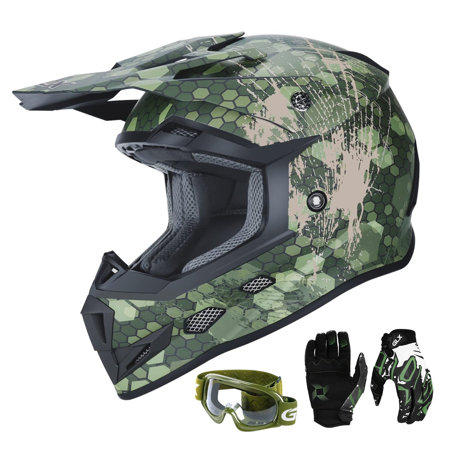 GLX GX623 Youth ATV/Dirt Bike Helmet Combo - Retro Green, Large - DOT