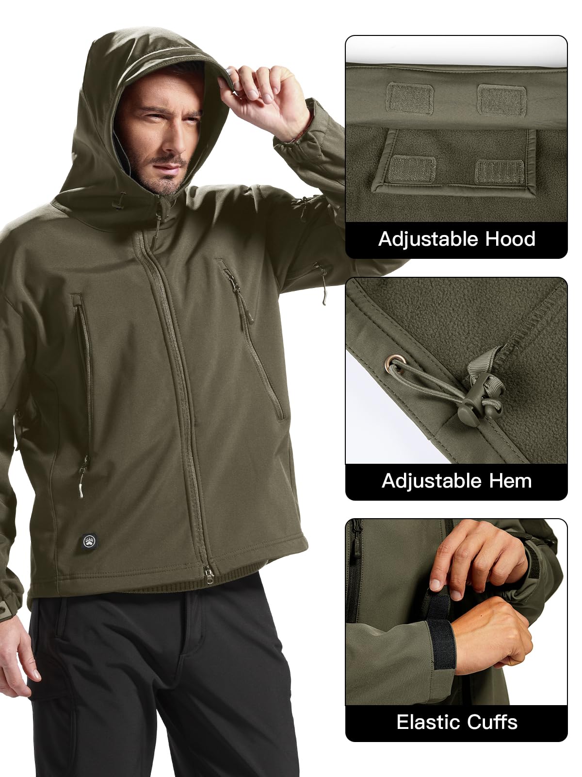 FREE SOLDIER Men's Outdoor Waterproof Soft Shell Hooded Military Tactical Rain Jacket (Green, 4XL)