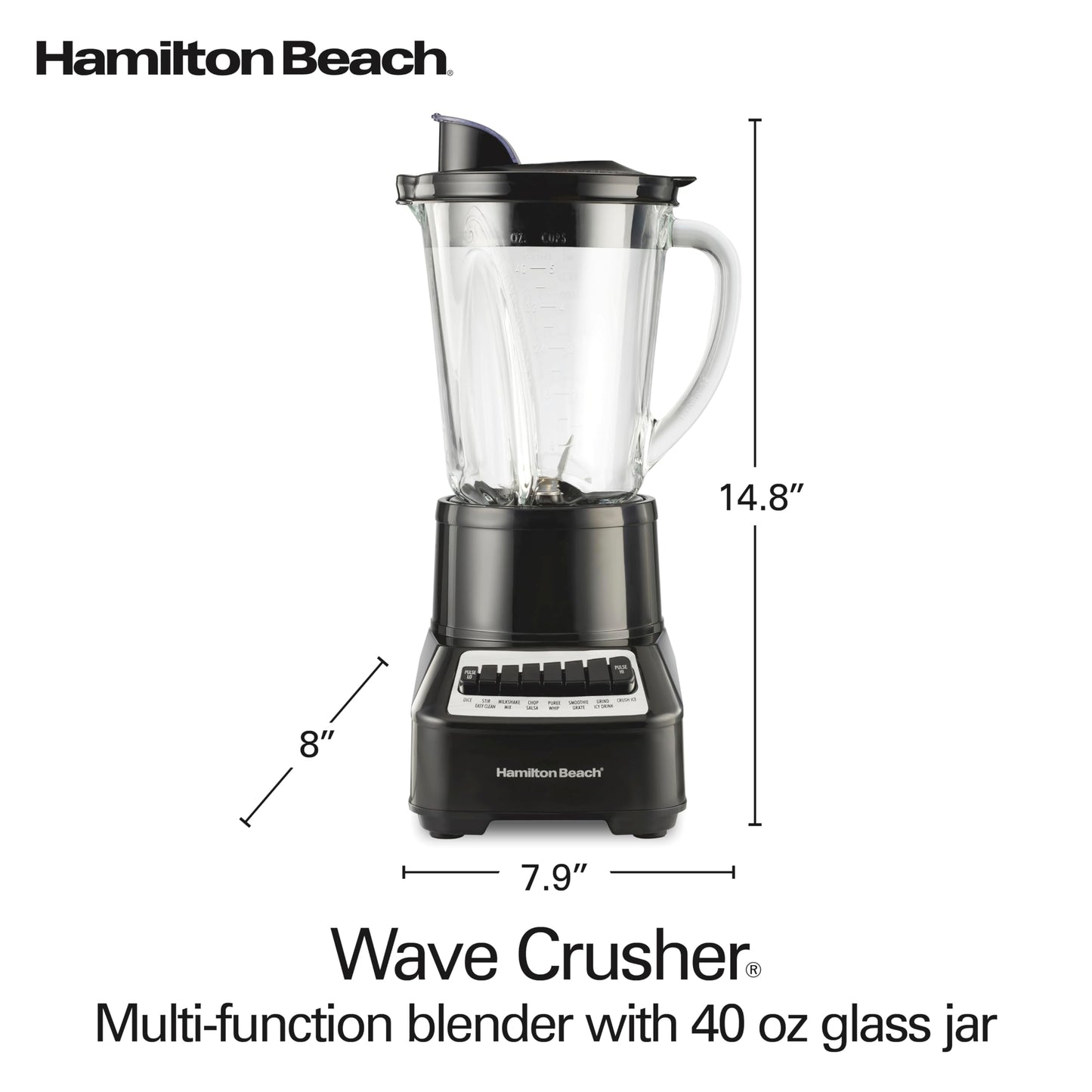 Hamilton Beach Wave Crusher Blender For Smoothies With 40 Oz Glass Jar and 14 Functions, Ice Sabre Blades & 700 Watts for Consistently Smooth Results, Black + Stainless Steel (54221)