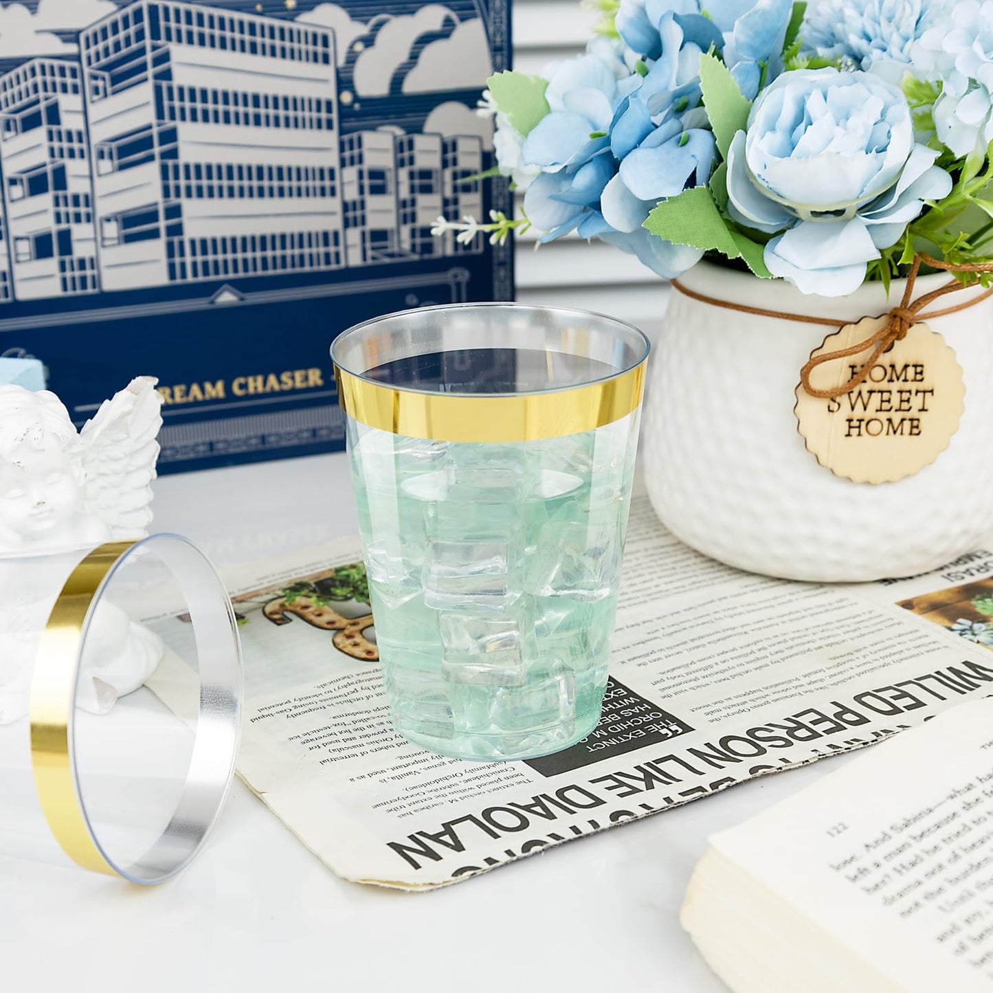 I00000 200 Pack Gold Plastic Cups, 9 Oz Elegant Clear Plastic Cups Gold Rimmed Disposable Wine Glasses Fancy Disposable Party Cups Wedding Cups Drinking Tumblers Plastic Cocktail Glasses with Gold Rim