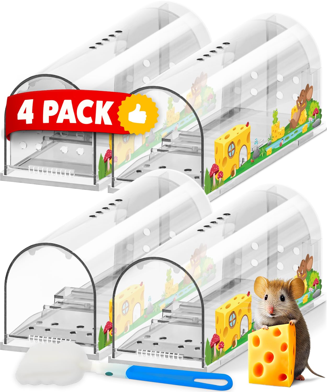 Motel Mouse Humane No Kill Live Catch and Release Mouse Traps, Reusable with Cleaning Brush - 4 Pack