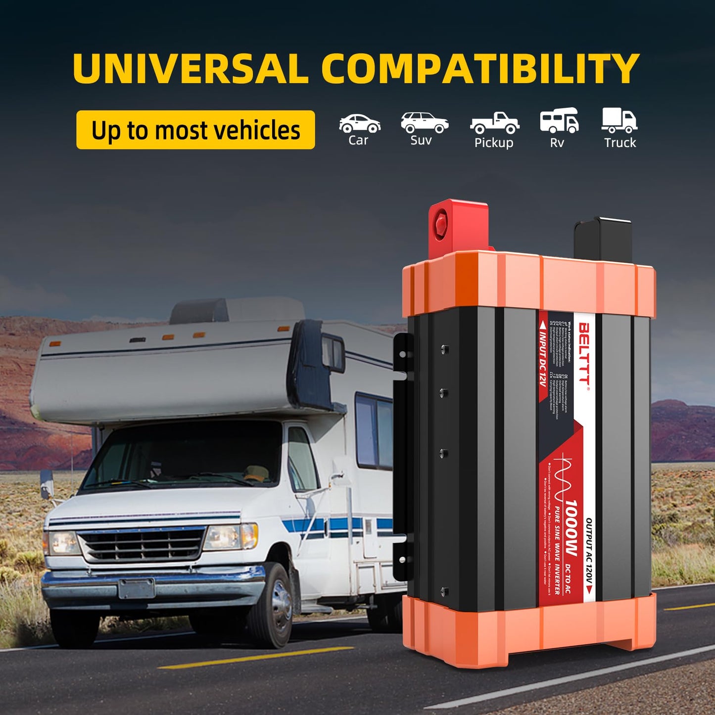 BELTTT 1000Watt Pure Sine Wave Inverter 12V DC to 120V AC for RV, Truck, Off-Grid Solar Car Power Inverter 12V to 110V Converter with Dual AC Socket and 5V 2.1A USB, Intelligent LCD, 2000W Peak