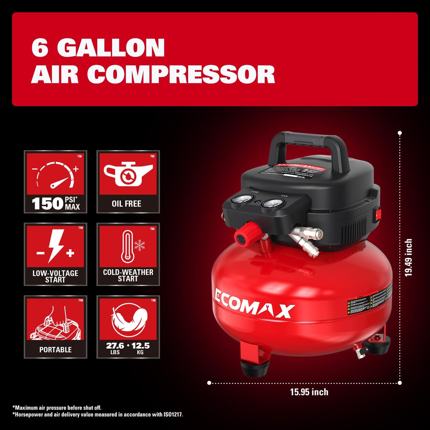 Air Compressor 6 Gallon 150 PSI Pancake Portable Oil-free Tank with 10 PCS Accessories Kit