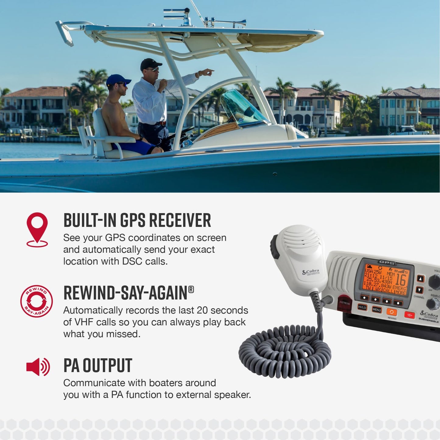 Cobra MR F77B GPS Fixed Mount VHF Marine Radio – 25 Watt VHF, Built-In GPS Receiver, Submersible, LCD Display, Noise Cancelling Mic, NOAA Weather, Signal Strength Meter, Scan Channels, Black/Grey