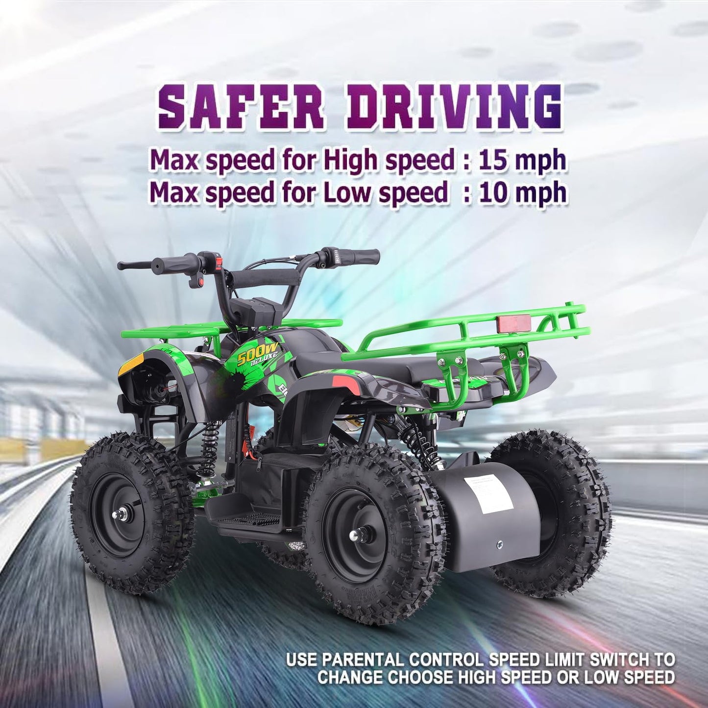 36V 4 Wheelers Electric ATV, Dirt Quad Vehicle Adjustable Speed, Kids Quad Bike 500W 12-15MPH Dual Suspension for Kids Ages 13+ (Green)