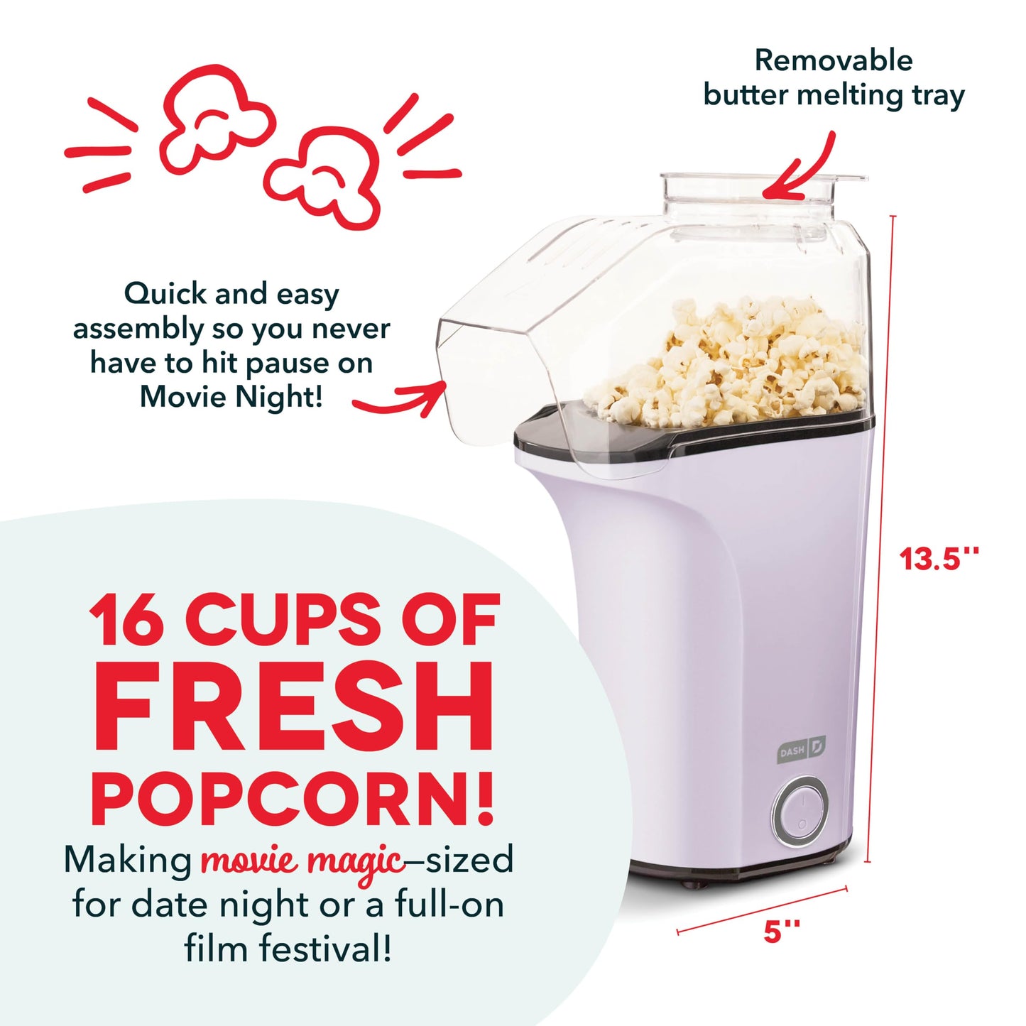 DASH Hot Air Popcorn Popper Maker with Measuring Cup to Portion Popping Corn Kernels + Melt Butter, 16 Cups - Red