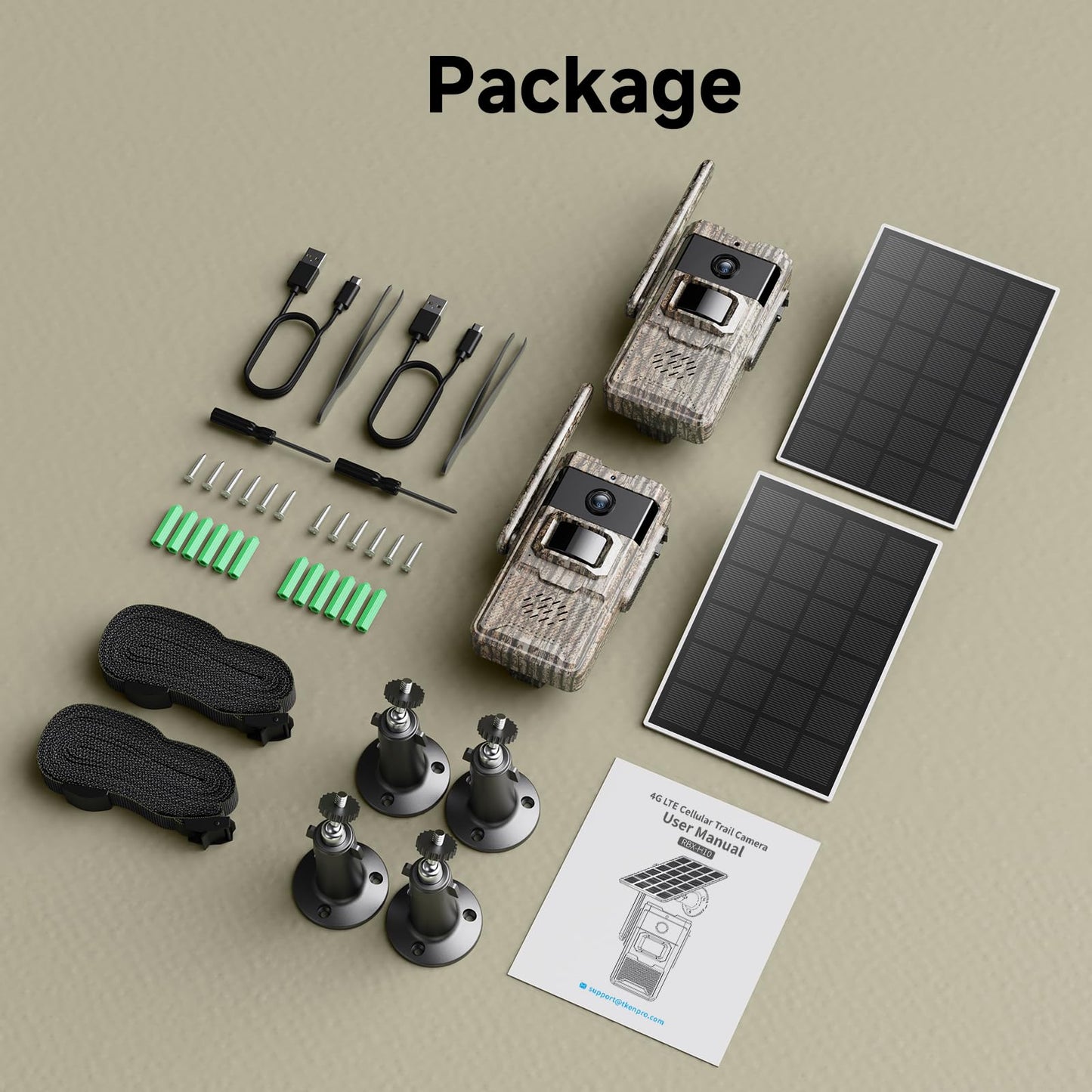 4G LTE Cellular Trail Cameras 2 Packs Unlimited Data Plan Solar Trail Cameras Built in SIM Card Game Camera IP65 Waterproof Security Camera with 2K Live Video, No Glow Night Vision