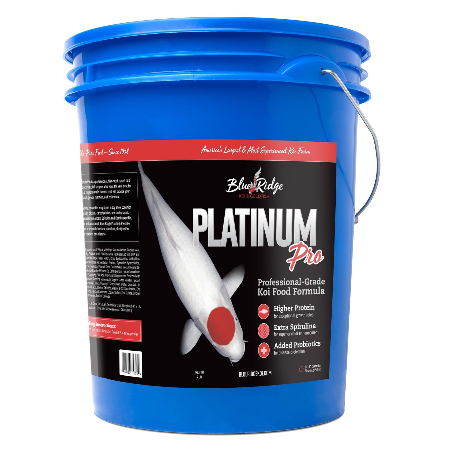 Blue Ridge Koi Fish Food 14lb - Koi Food 3/16” Platinum Pro Formula Goldfish Food, Premium Fish Food for Ponds, Ponds Fish Food, Floating Pond Pellet
