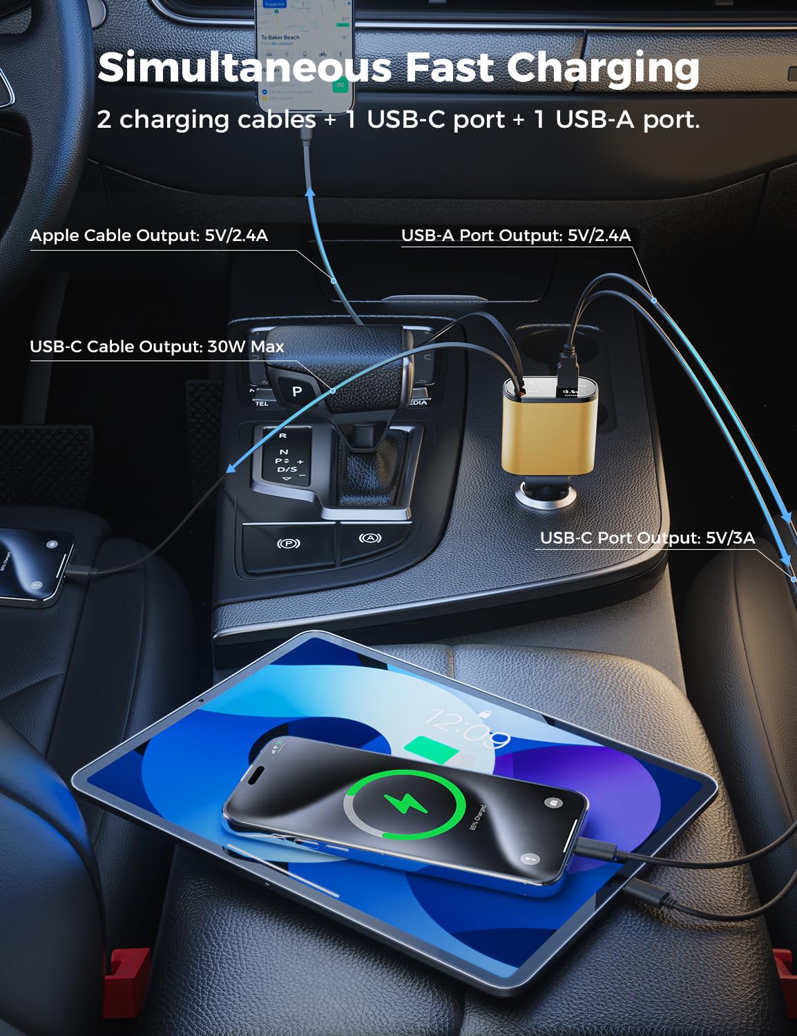 【Upgraded】 SUPERONE Retractable Car Charger 4 in 1, Fast Car Phone Charger with Cord 2.6ft, USB C and Apple Car Adapter, Compatible with iPhone 16 15/15 Pro Max/14/13/12/11, Galaxy, Pixel