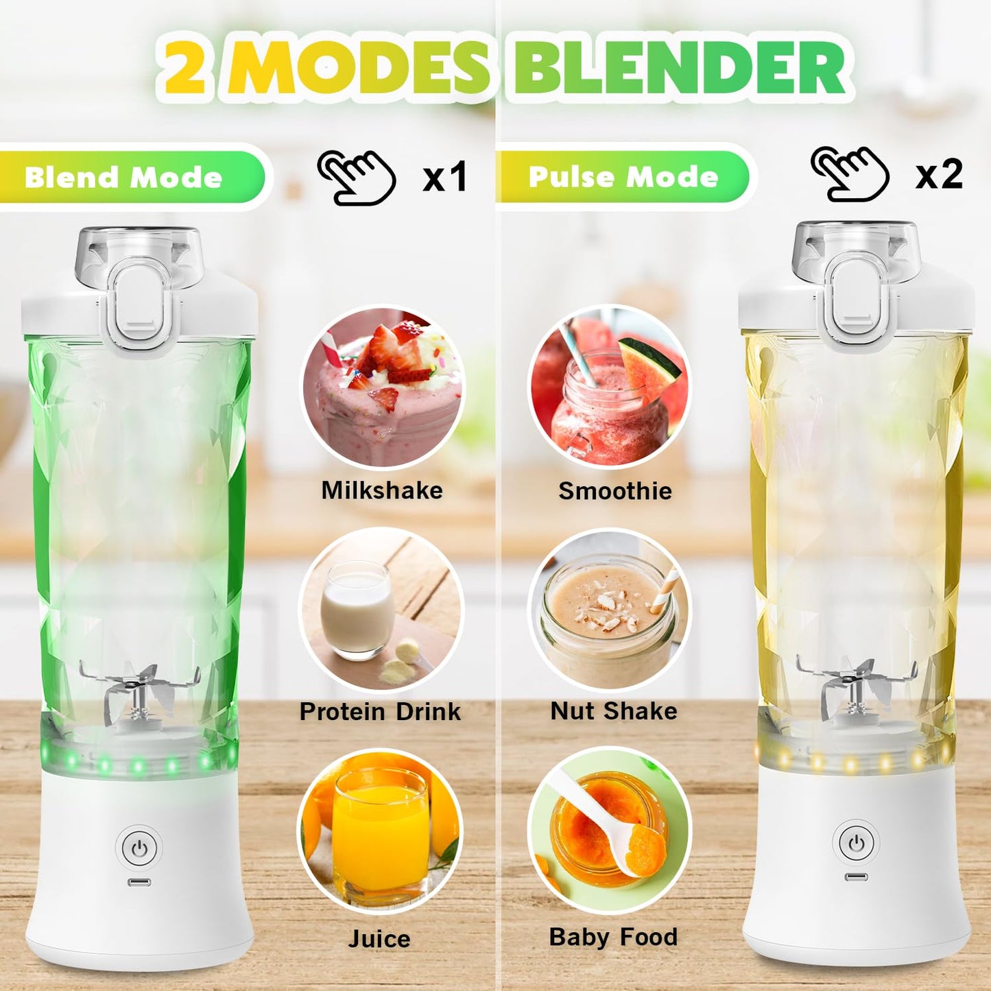 Portable Blender with Insulated Carrying Case & Recipe Book for Shakes and Smoothies, 24 OZ Personal Juicer Electric Protein Shaker Bottle, Mini Small Blender Cup with USB-C Rechargeable, Travel Lid