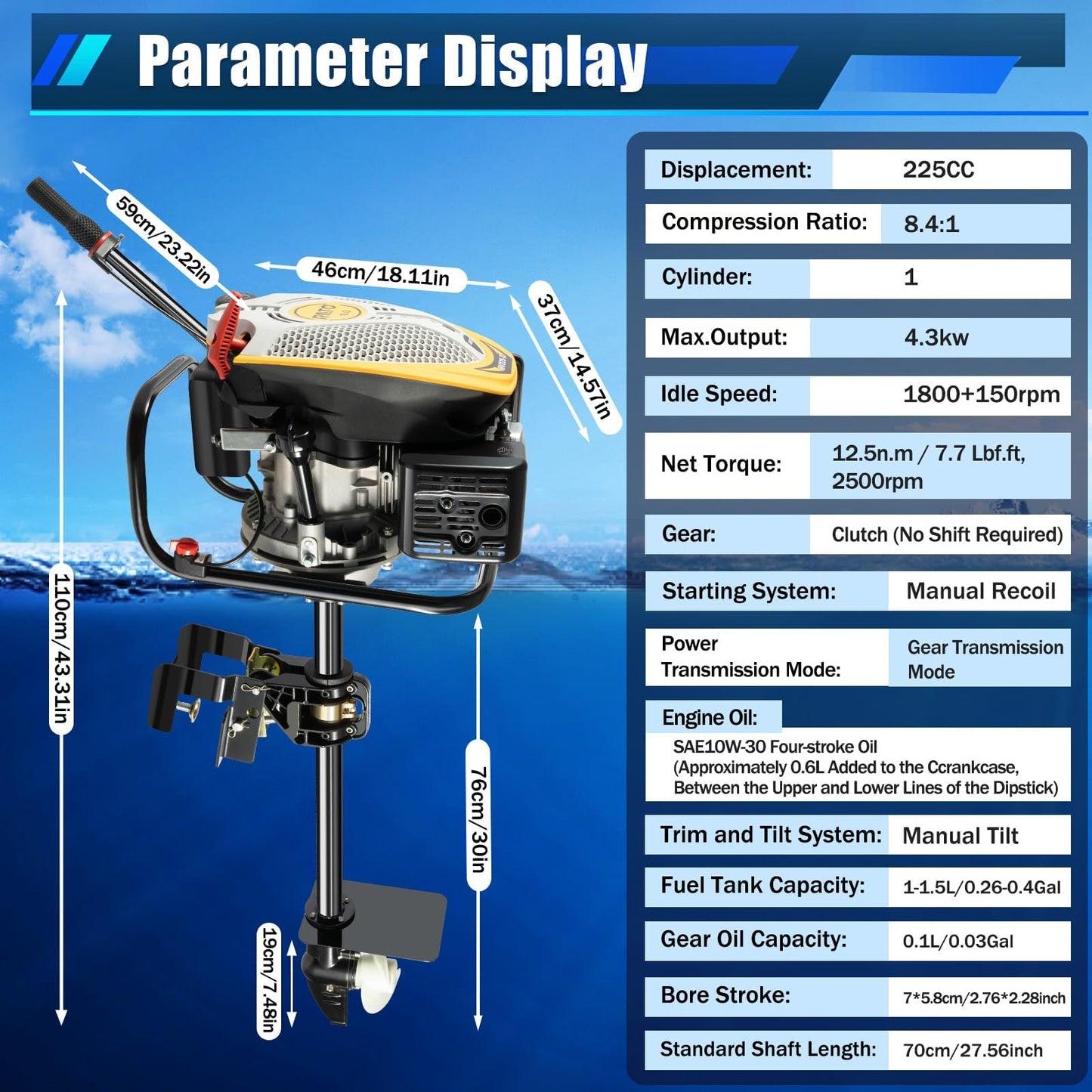 52cc Single Cylinder Gas 2.3HP Outboard Motor, Long Shaft with Air Cooling for Inflatable, Rubber, Fishing Boats, Yachts, Water Sports