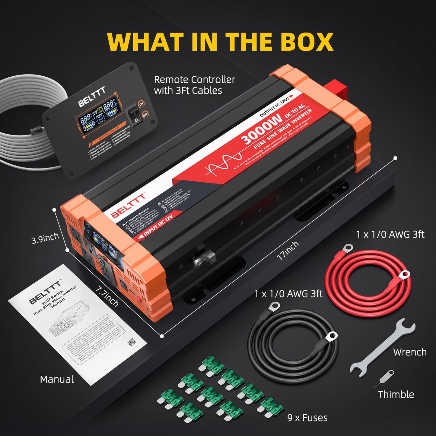 BELTTT 1000Watt Pure Sine Wave Inverter 12V DC to 120V AC for RV, Truck, Off-Grid Solar Car Power Inverter 12V to 110V Converter with Dual AC Socket and 5V 2.1A USB, Intelligent LCD, 2000W Peak