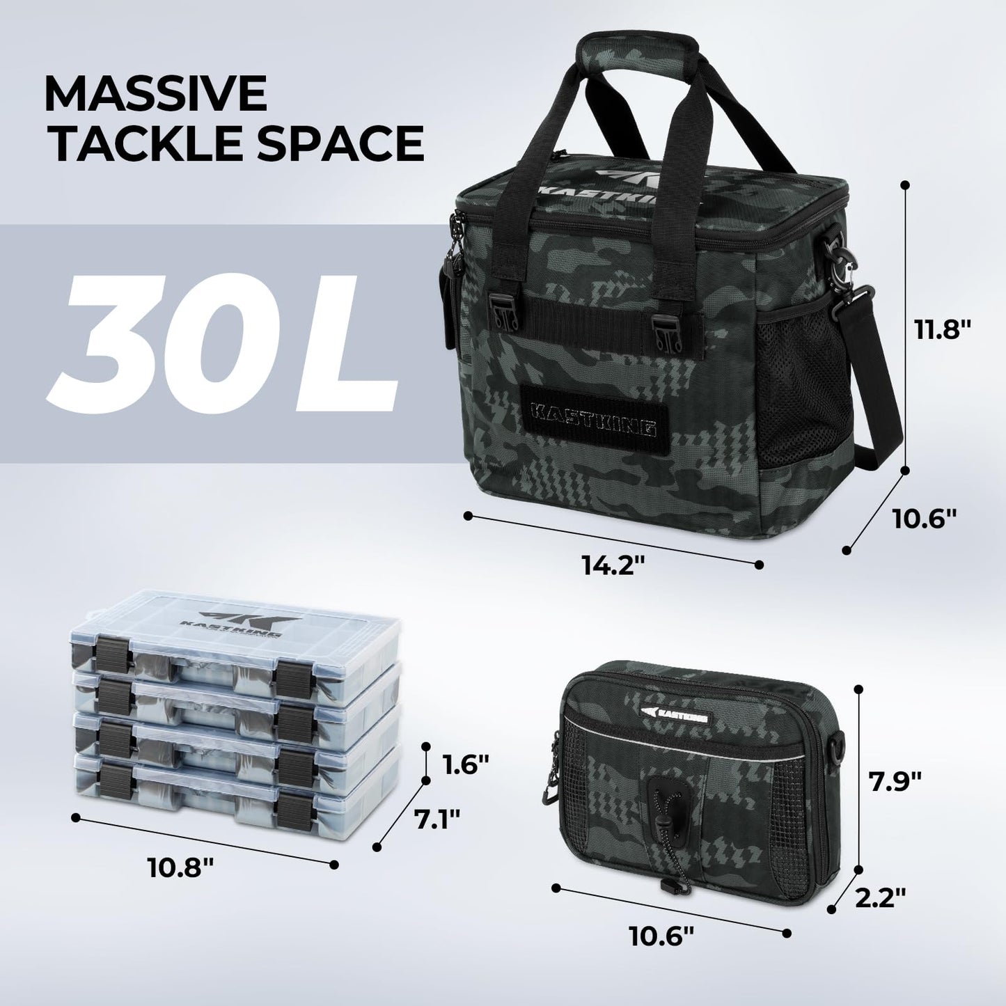 KastKing BaitSpace Fishing Tackle Bag With 4 Tackle Boxes & Removable Bait Binder, Water-Resistant Tackle Storage, Durable Fishing Gear, Adjustable Shoulder Strap