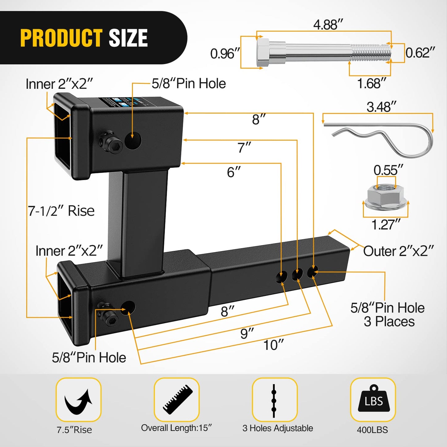 Nilight Trailer Hitch Receiver Extender Adapter Reducer 1-1/4 to 2Inch Hitch Adapter 6-1/2 inch Extension Sleeve Convertor 350Lbs with 1/2-Inch Diameter Pin and Clip with 5/8-Inch Adapter