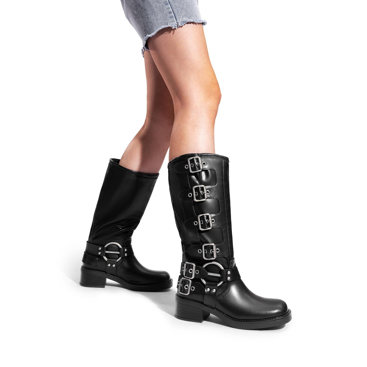 DREAM PAIRS Women's Knee High Riding Boots Slip On Motorcycle Boots Square Toe Chunky Heel Fashion Buckles Biker Boots