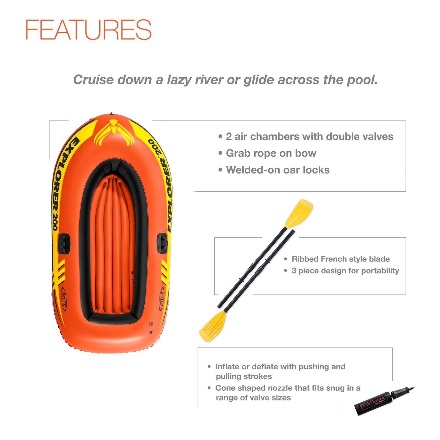 INTEX Explorer Inflatable Boat Series: Dual Air Chambers – Welded Oar Locks – Grab Handles – Bow Rope – Sporty Design
