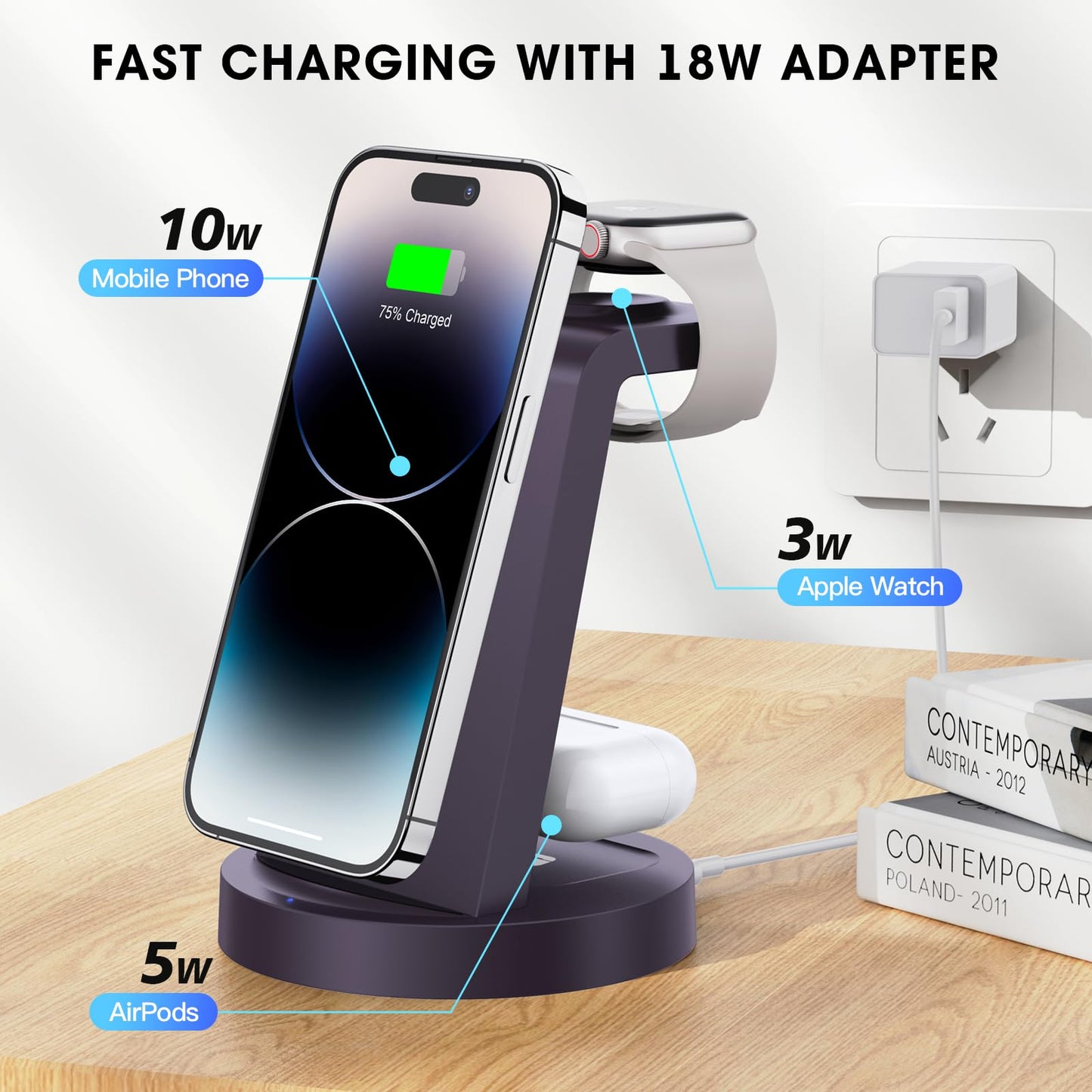 3 in 1 Charging Station for iPhone, Wireless Charger for iPhone 16e 16 15 14 13 12 11 X Pro Max & Apple Watch - Wireless Charging Station for AirPods 4 3 Pro