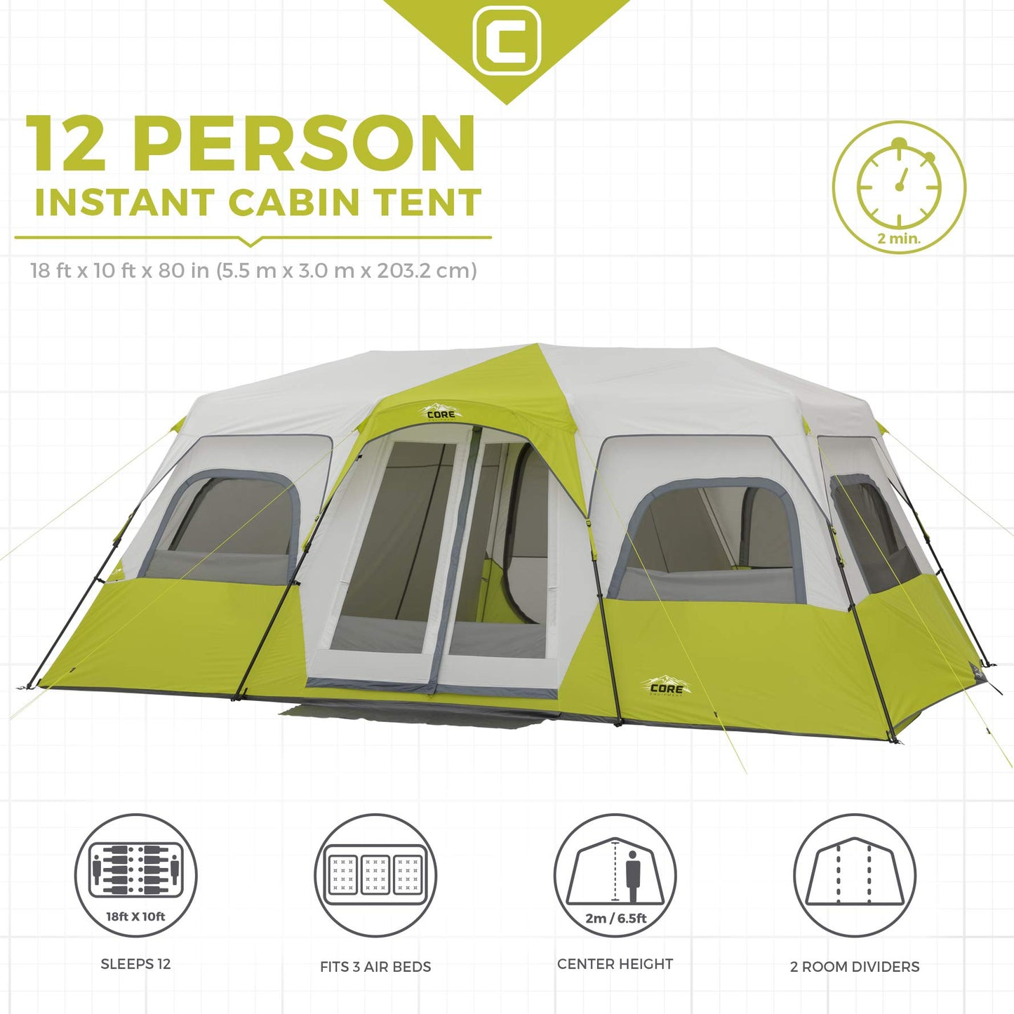 CORE Instant Cabin Tents | 6 Person / 9 Person / 10 Person / 12 Person Family Cabin Multi Room Pop Up Tents Car Camping | Included Storage Pockets for Camping Accessories
