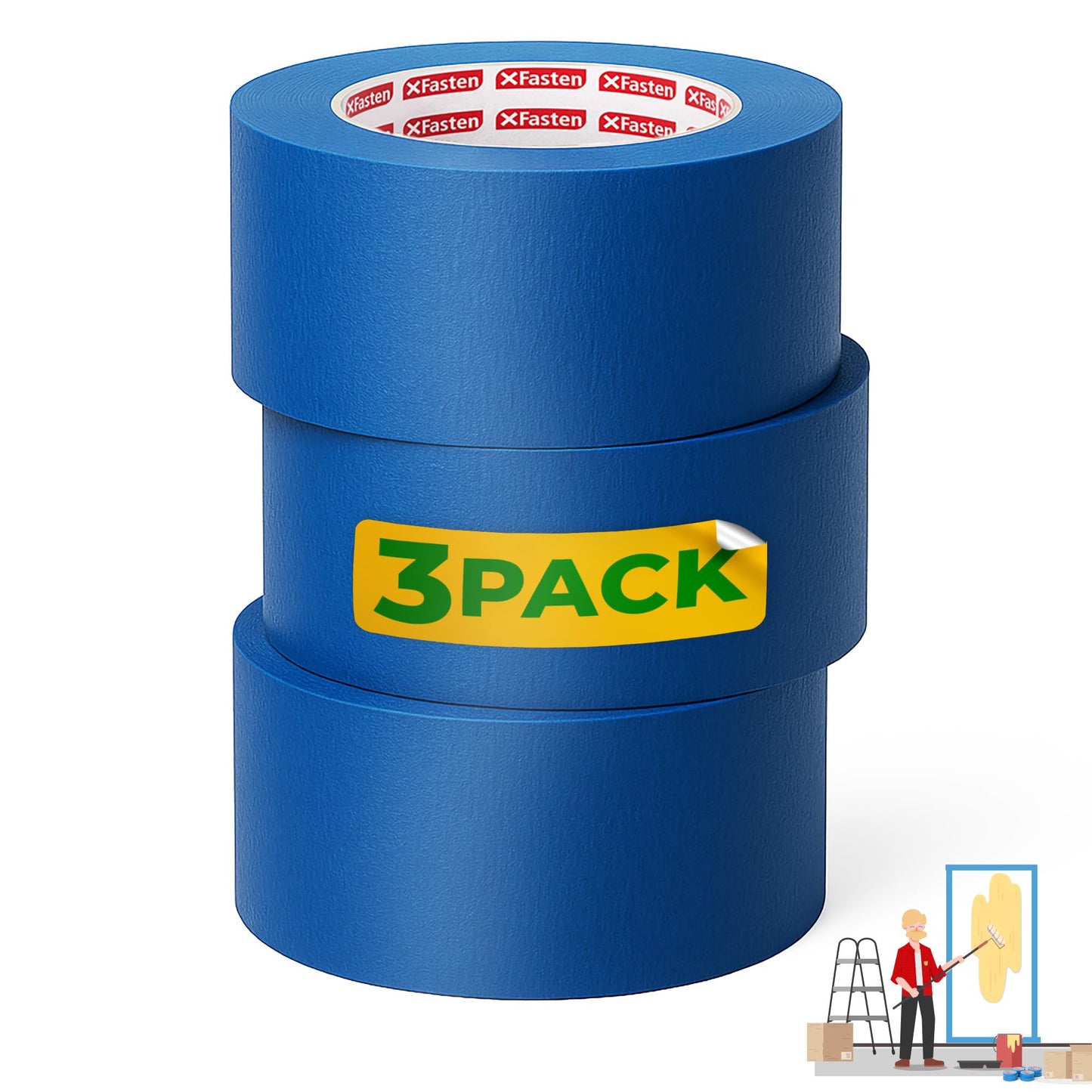XFasten Blue Painters Tape Bulk 3-Inch x 60-Yards (12-Pack, 2160ft Total) Wall Safe Painters Tape 3 Inch Wide, Blue Masking Tape Bulk, Paint Tape for Walls, Painting, Automotive