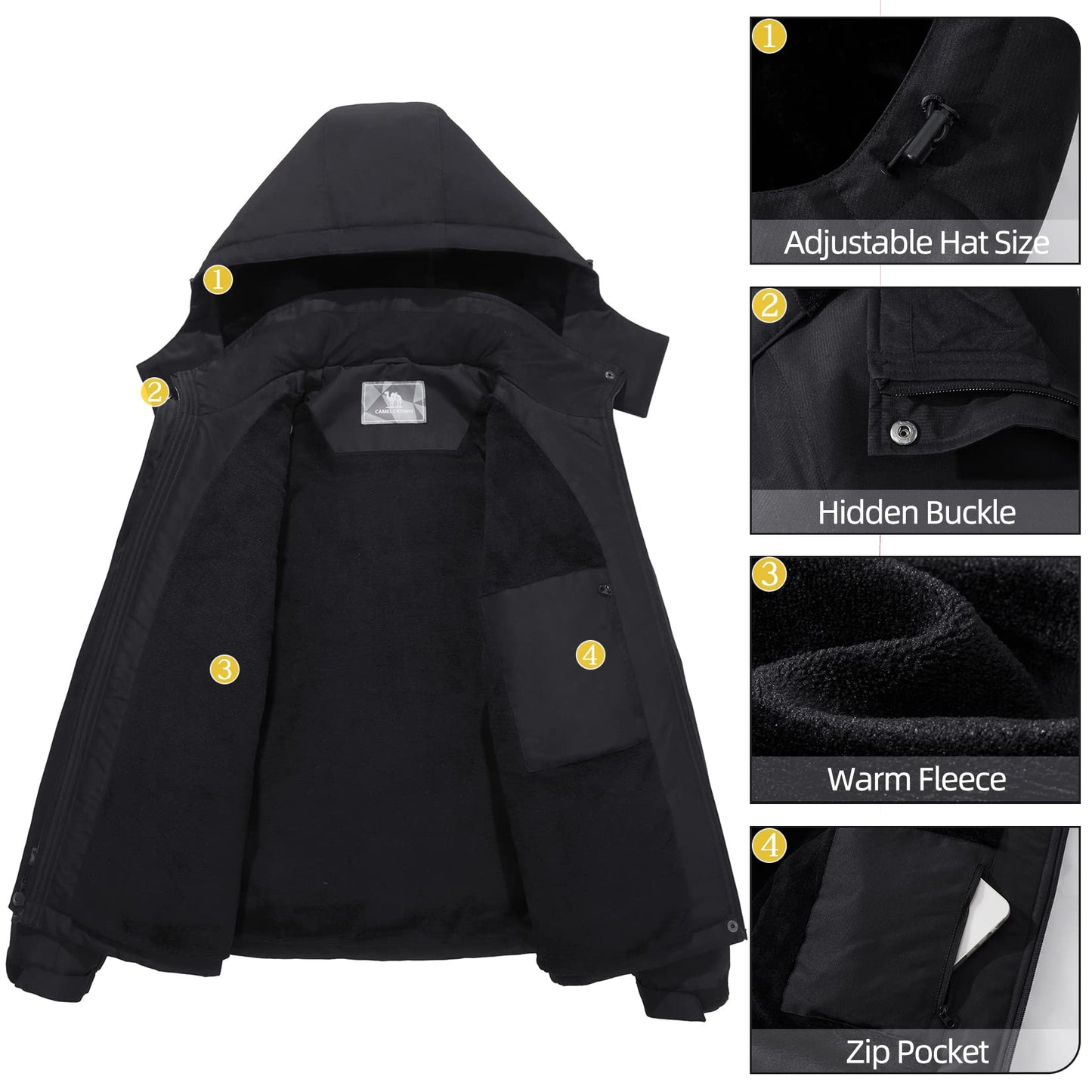 CAMEL CROWN Women's Ski Jacket Thicken Winter Snow Coat Warm Fleece Mountain Waterproof Female Jacket Hooded Windbreaker
