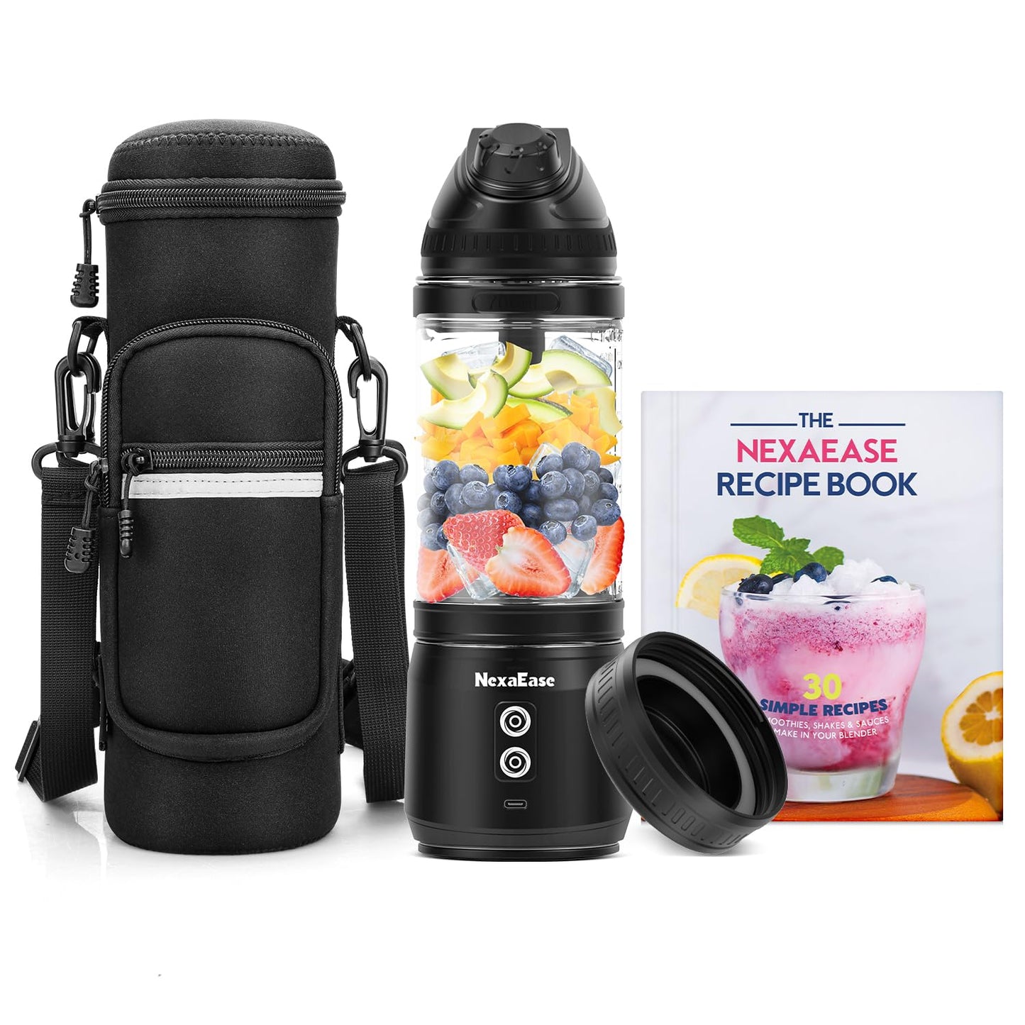 Portable Blender with Insulated Carrying Case & Recipe Book for Shakes and Smoothies, 24 OZ Personal Juicer Electric Protein Shaker Bottle, Mini Small Blender Cup with USB-C Rechargeable, Travel Lid