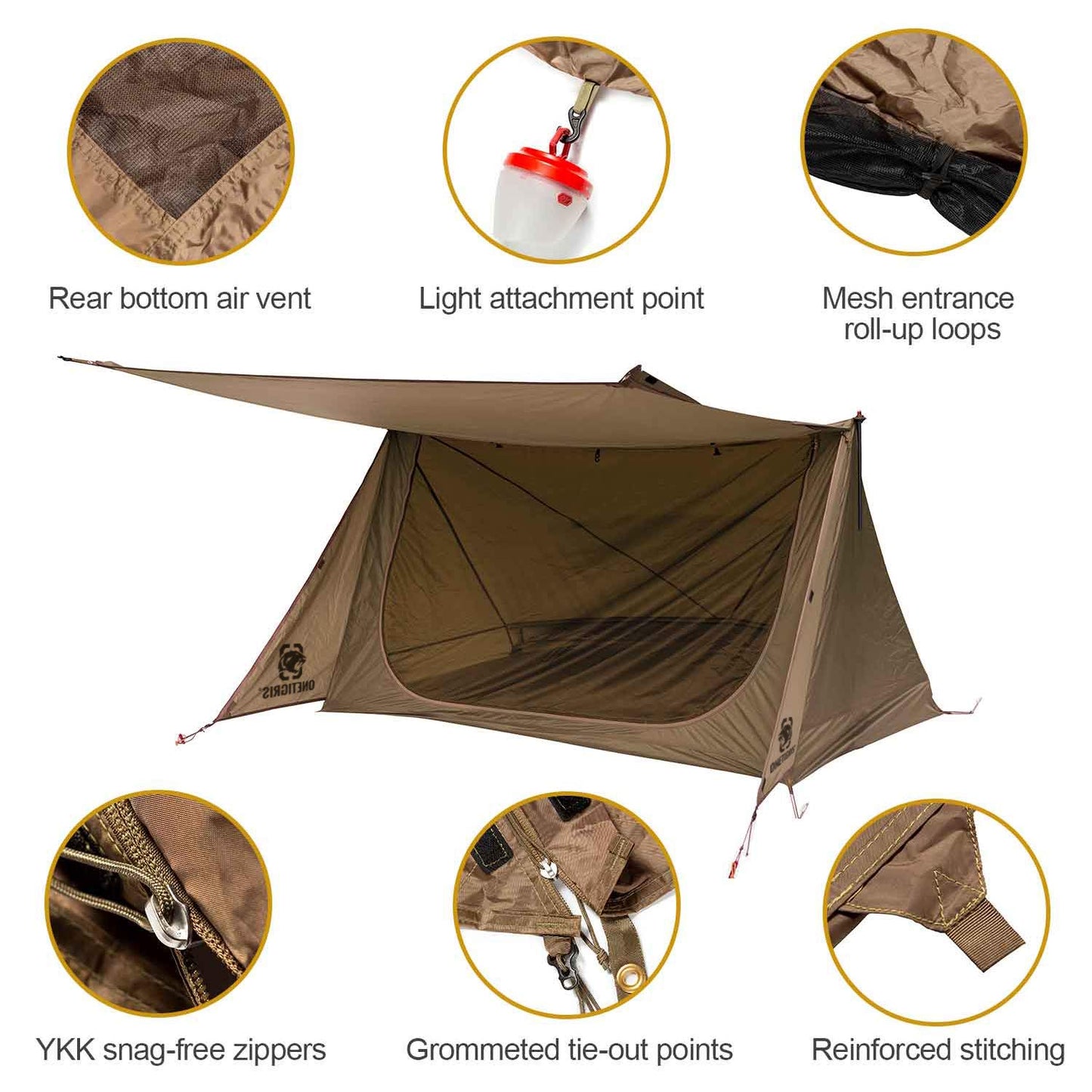 OneTigris Backwoods Bungalow Bushcraft Shelter 2.0, Ultralight Backpacking Tent with with Porch for Camping Hiking Backpacking Motorcycle Kayak Bushcrafters