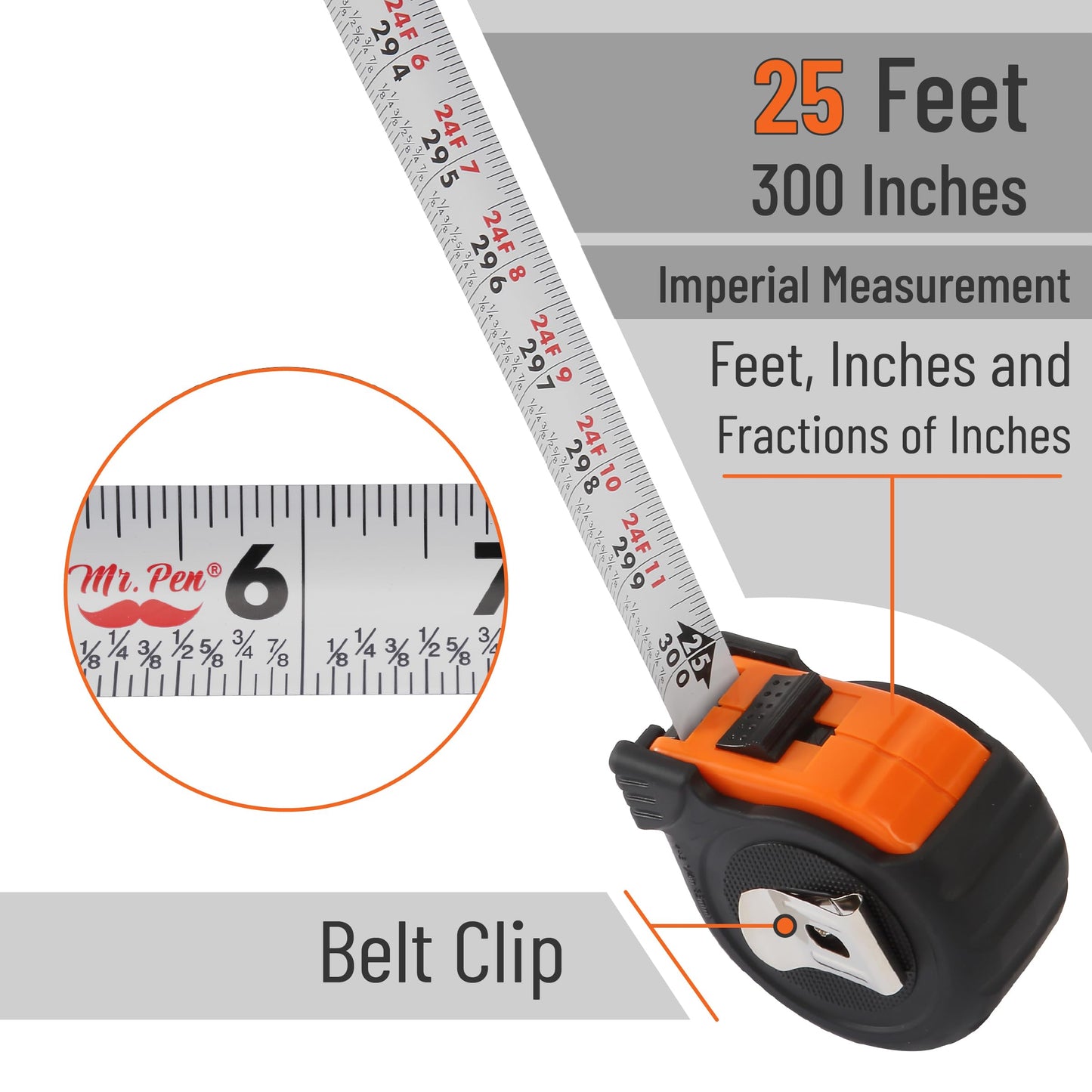 Mr. Pen 25-Foot Steel Retractable Tape Measure with Easy Read Fractions