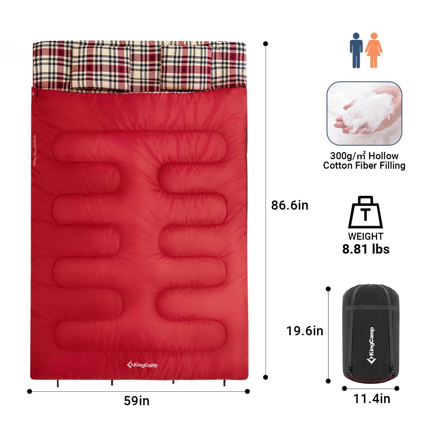 KingCamp Queen Size 2 Person Double Sleeping Bags with Pillows for Adults, 20 Degree Lightweight Backpacking Quilts for Couples Family Camping Hiking and Outdoors, Waterproof