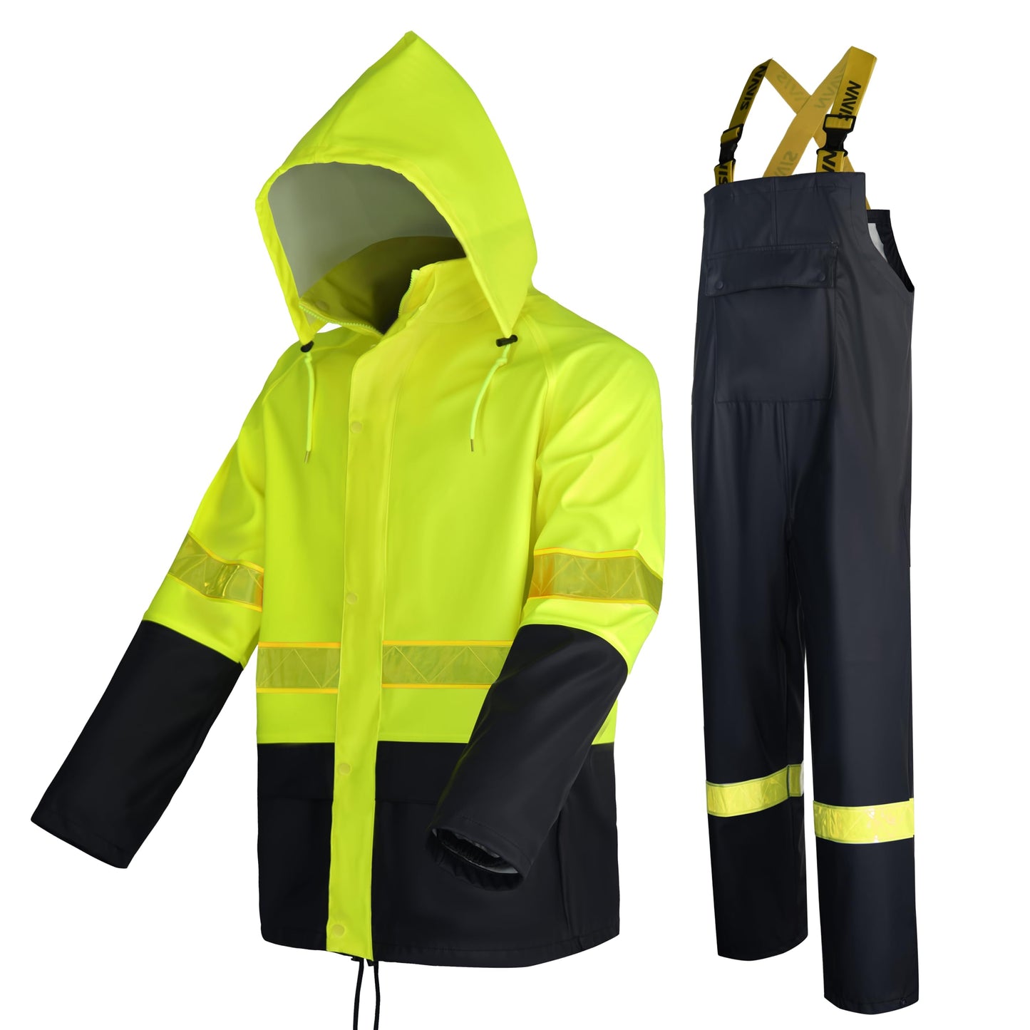 Men's Workwear PRO Rain Suit - Waterproof Jacket and Bib Pants 3-piece Set for Ultimate Safety and Comfort