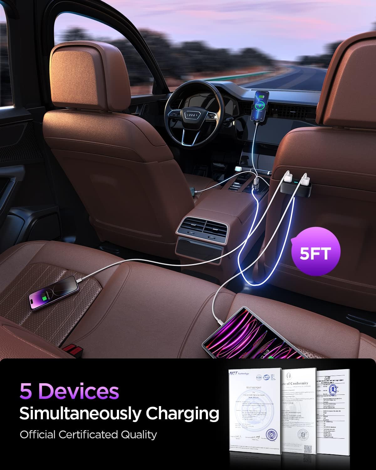 5-in-1 USB Car Charger Multi Port, 12V Phone Adapter for Multiple Devices, Cigarette Lighter With 5FT Extension Cable for Back Seat Charging