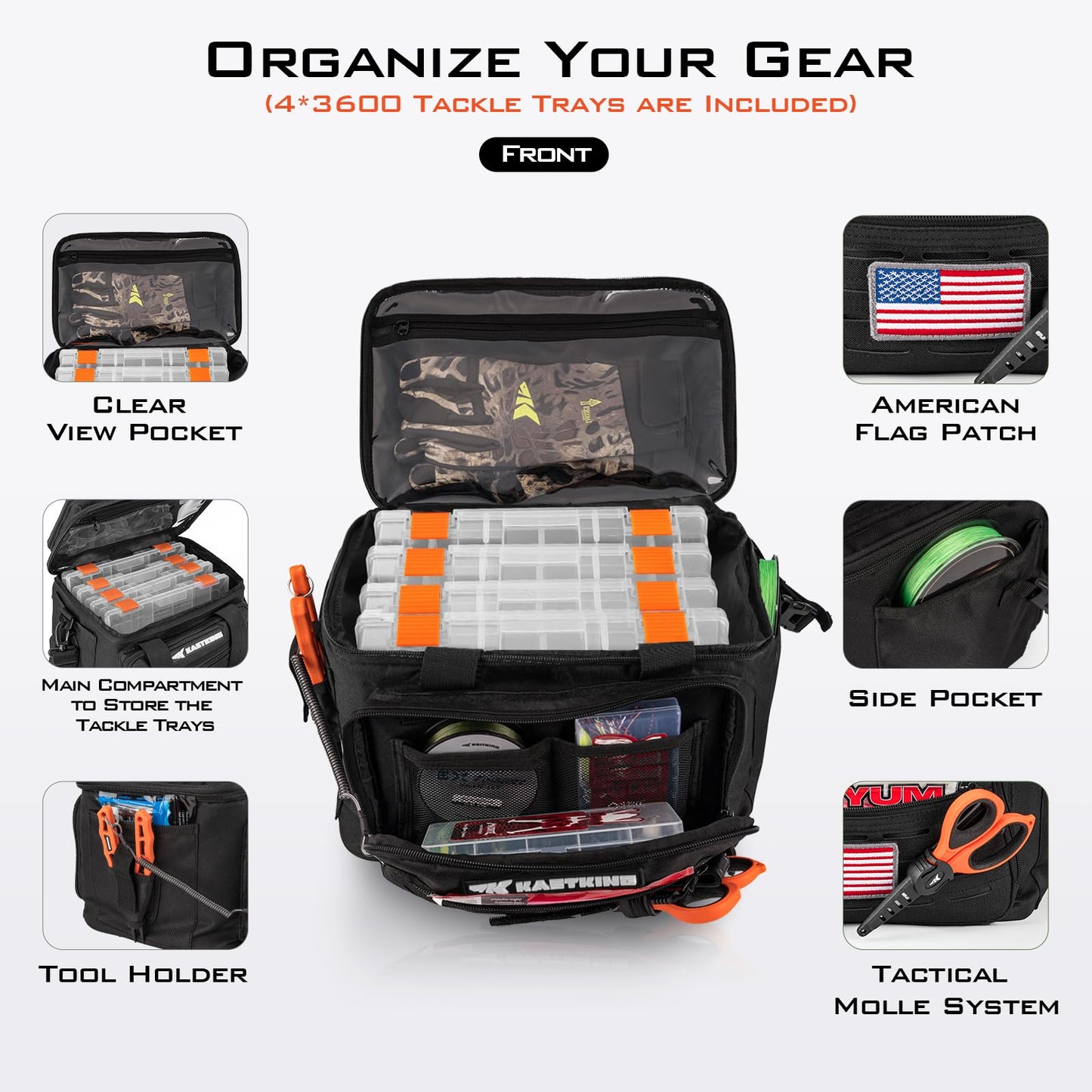 KastKing Karryall Fishing Tackle Bags with 4 * 3600 Tackle Trays - Saltwater & Freshwater Fishing Gear Storage
