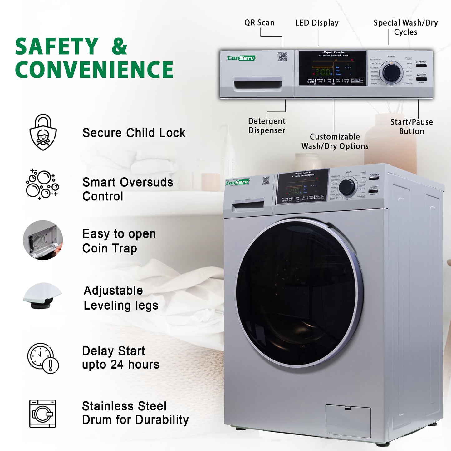 Conserv 15 lbs Compact Combo Sani Washer Vented/Ventless Dryer with Pet Cycle (White)