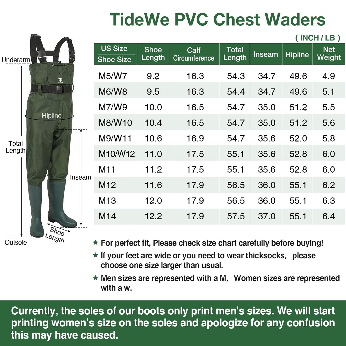 TIDEWE Bootfoot Chest Wader, 2-Ply Nylon/PVC Waterproof Fishing Hunting Waders with Boot Hanger for Men Women Green Brown