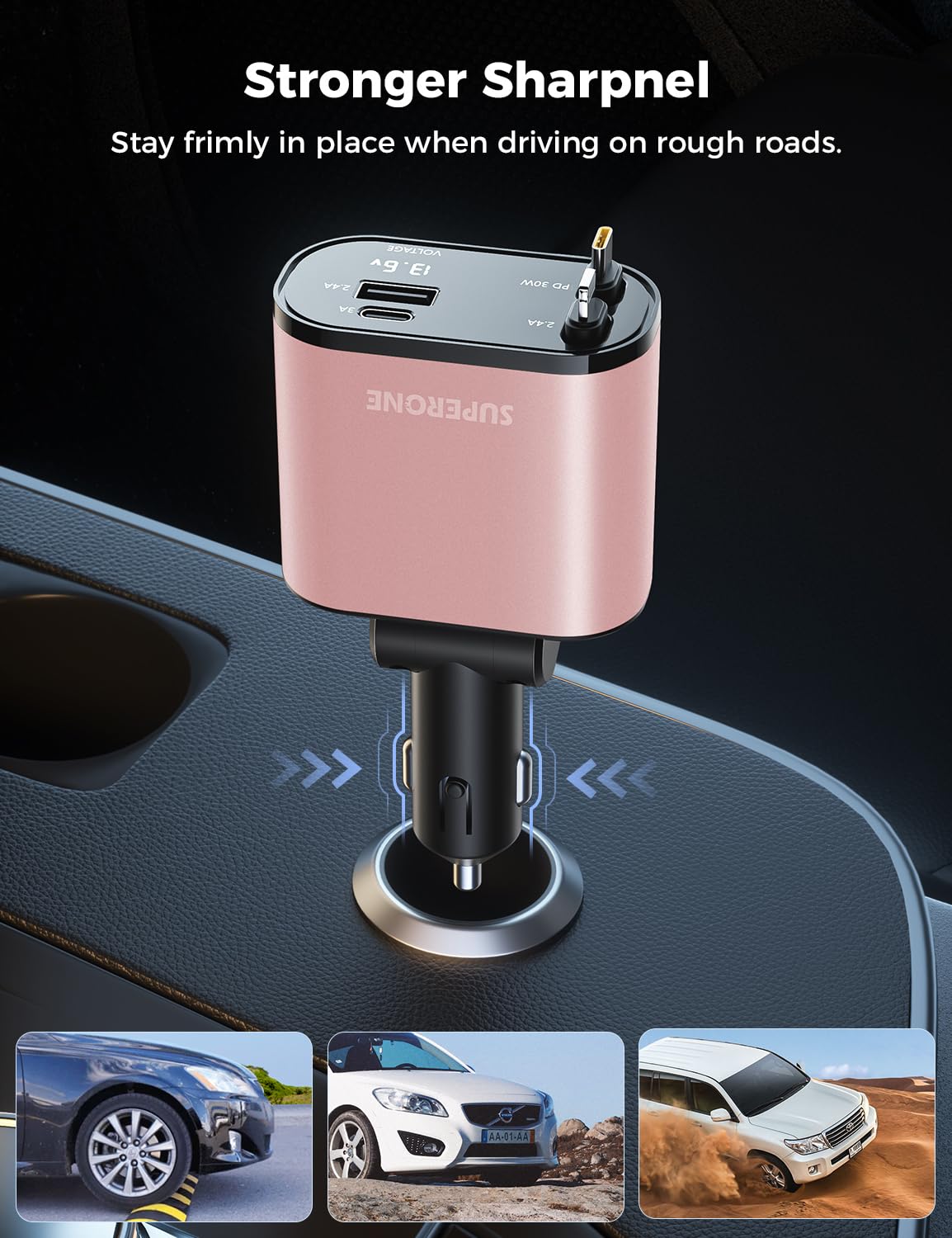 【Upgraded】 SUPERONE Retractable Car Charger 4 in 1, Fast Car Phone Charger with Cord 2.6ft, USB C and Apple Car Adapter, Compatible with iPhone 16 15/15 Pro Max/14/13/12/11, Galaxy, Pixel