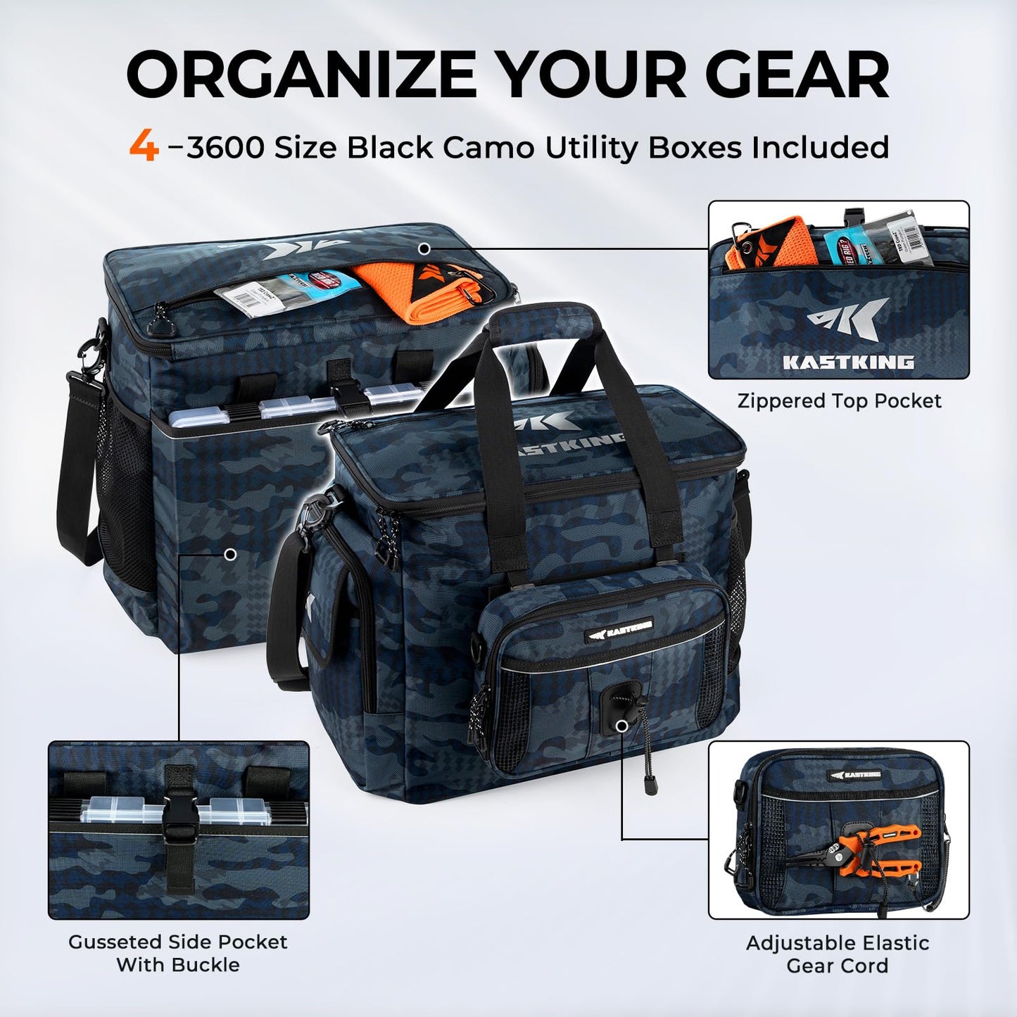 KastKing BaitSpace Fishing Tackle Bag With 4 Tackle Boxes & Removable Bait Binder, Water-Resistant Tackle Storage, Durable Fishing Gear, Adjustable Shoulder Strap