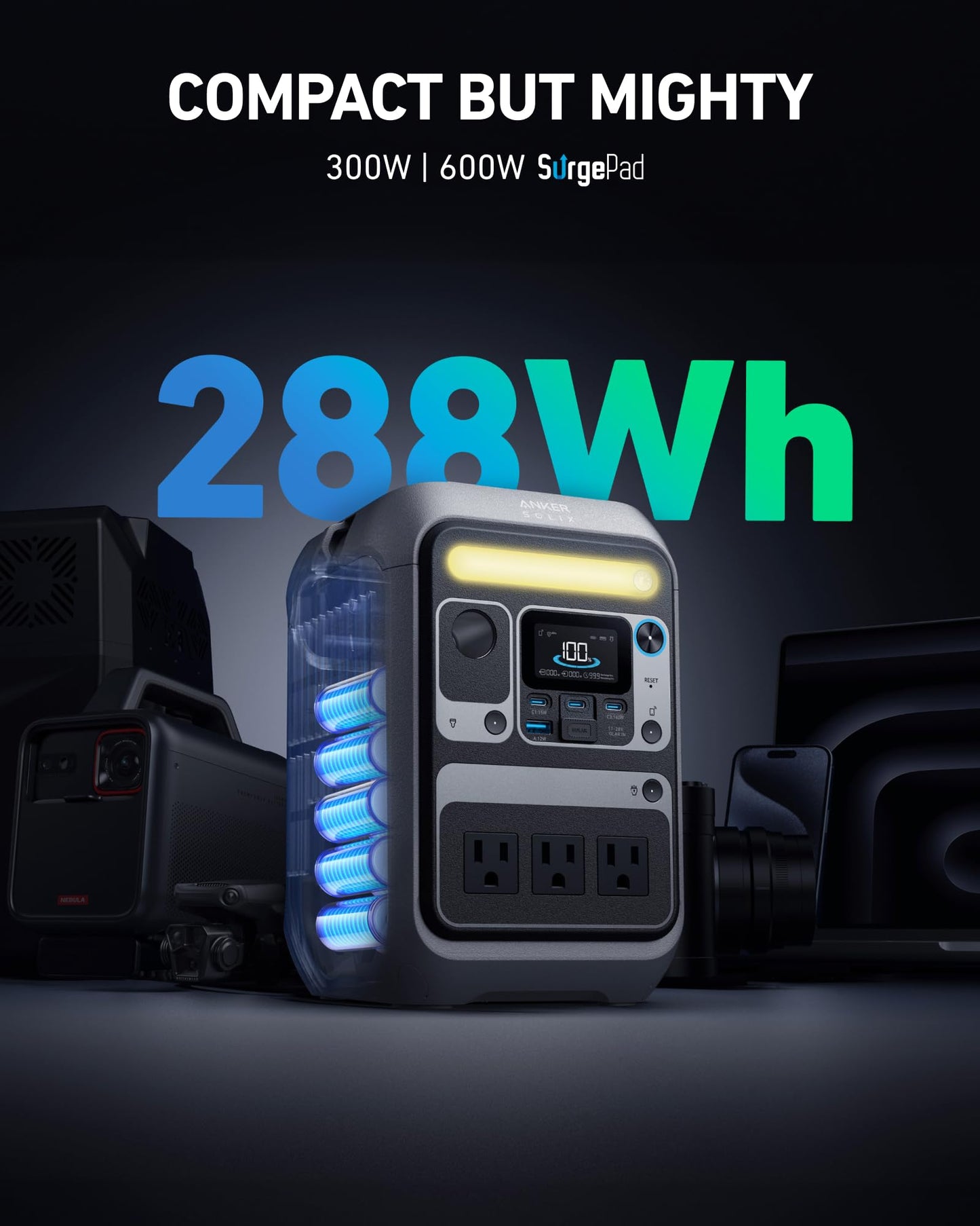 Anker SOLIX C300 Portable Power Station, Outdoor 288Wh LiFePO4 Battery, 300W (600W Surge) Solar Generator, 140W Two-Way Fast Charging, for Camping, Traveling, and Emergencies (with 60W Solar Panel)