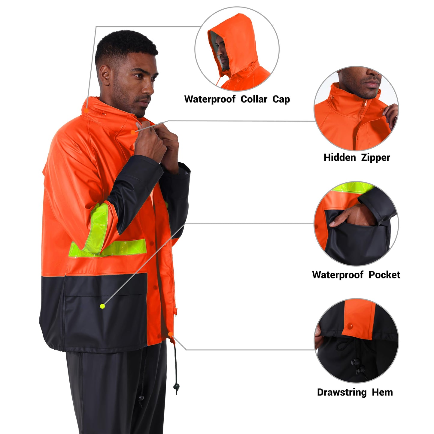 Men's Workwear PRO Rain Suit - Waterproof Jacket and Bib Pants 3-piece Set for Ultimate Safety and Comfort